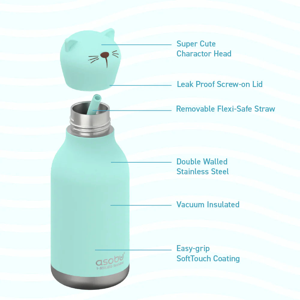 Asobu Insulated Stainless Steel Cat-Themed Water Bottle - Leak-Proof & BPA-Free for Kids, Adults, Pets - Perfect for School, Gym, Hiking & Outdoor Adventures