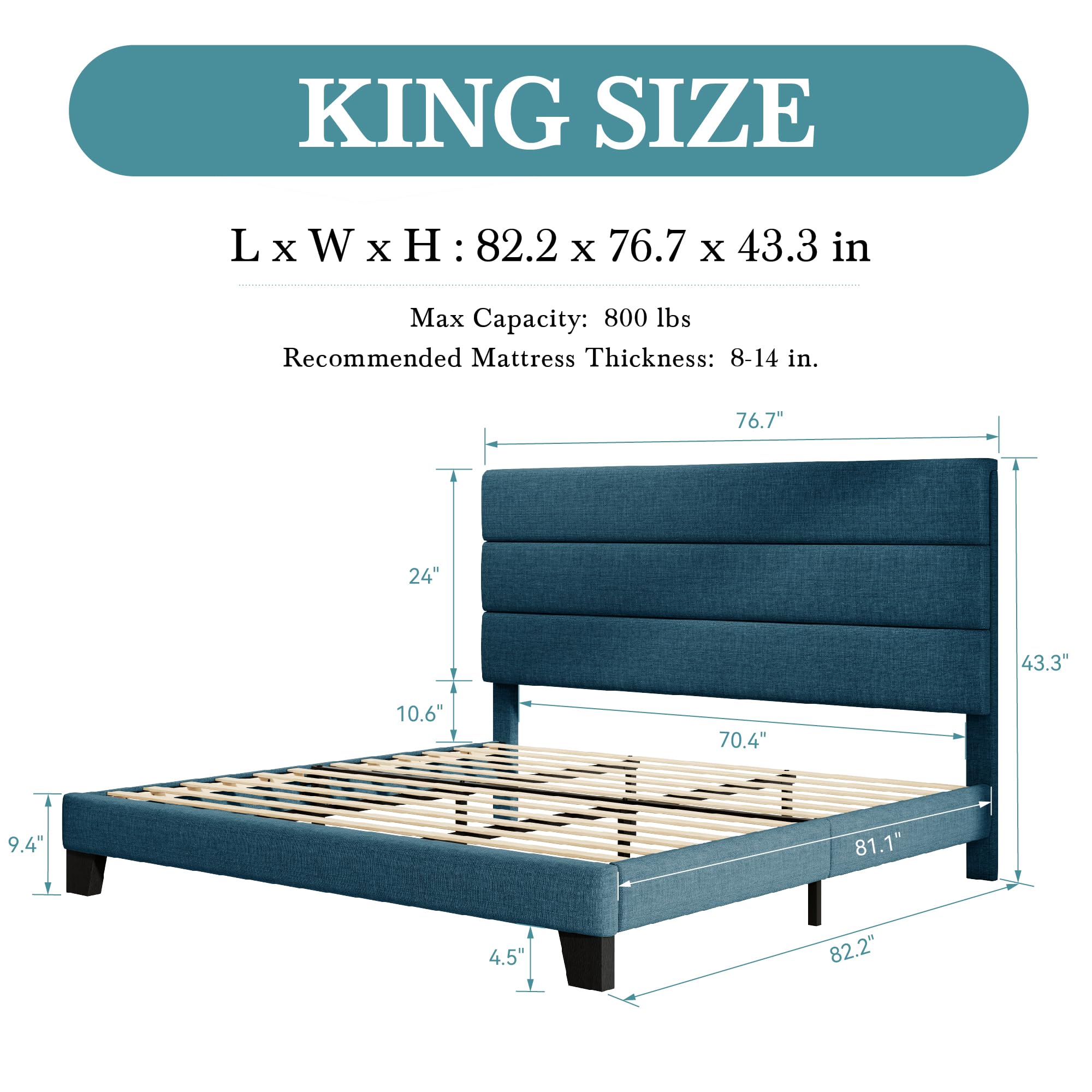 HOOMIC King Size Bed Frame with Upholstered Headboard - Sturdy Wood Slat Platform Bed Frame, No Box Spring Required, Navy Blue Fabric - Perfect for Master Bedroom, Guest Room & Apartment Sleeping