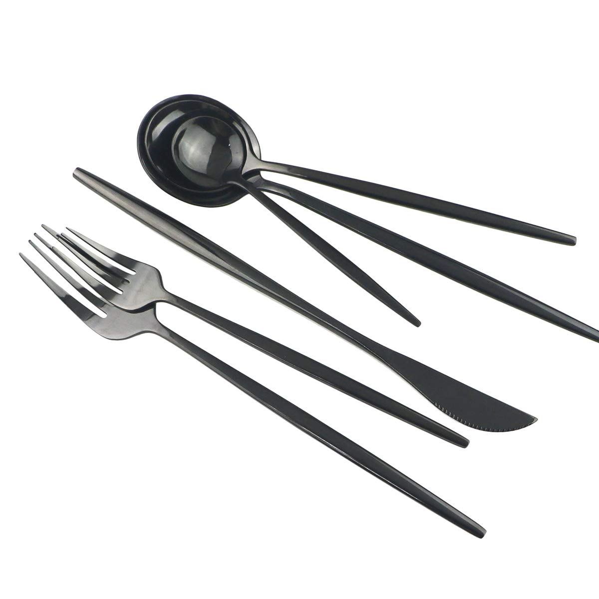 10-Piece Stainless Steel Silverware Set - 304 Mirror Polished Black Flatware Set with Forks, Spoons & Knives - Elegant Curved Design - Dishwasher Safe Tableware for 2 - Perfect for Dinner Parties, Restaurants & Home Use (Black)