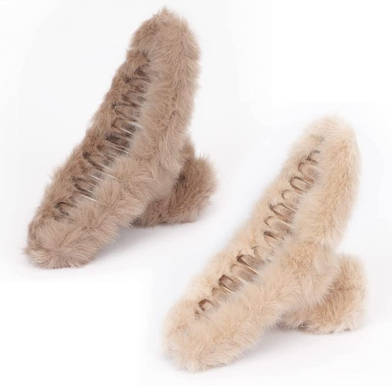 Trendy Women's Hair Claw Clips (2 Pack) - 4.7 Inch Plush Strong Hold Non-Slip Barrettes for Thick/Thin/Long Hair - Cute Hair Accessories in Coffee & Beige - Perfect for Work, Gym, and Everyday Styling