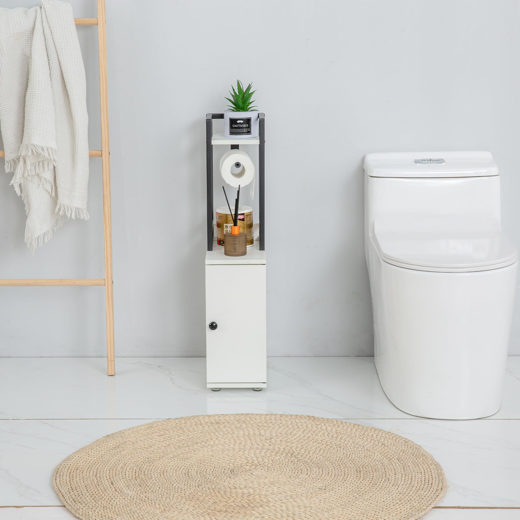 Small Narrow Bathroom Storage Cabinet with Toilet Paper Roll Holder - Slim Metal Frame Bath Organizer for Toilet Paper & Bath Essentials - Perfect for Compact Bathrooms, Powder Rooms & RV Baths - White