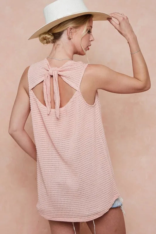 BiBi Popcorn Waffle Open Back Women's T-Shirt with Tied Ribbon - Casual Summer Top for Beach, Date Night & Street Style