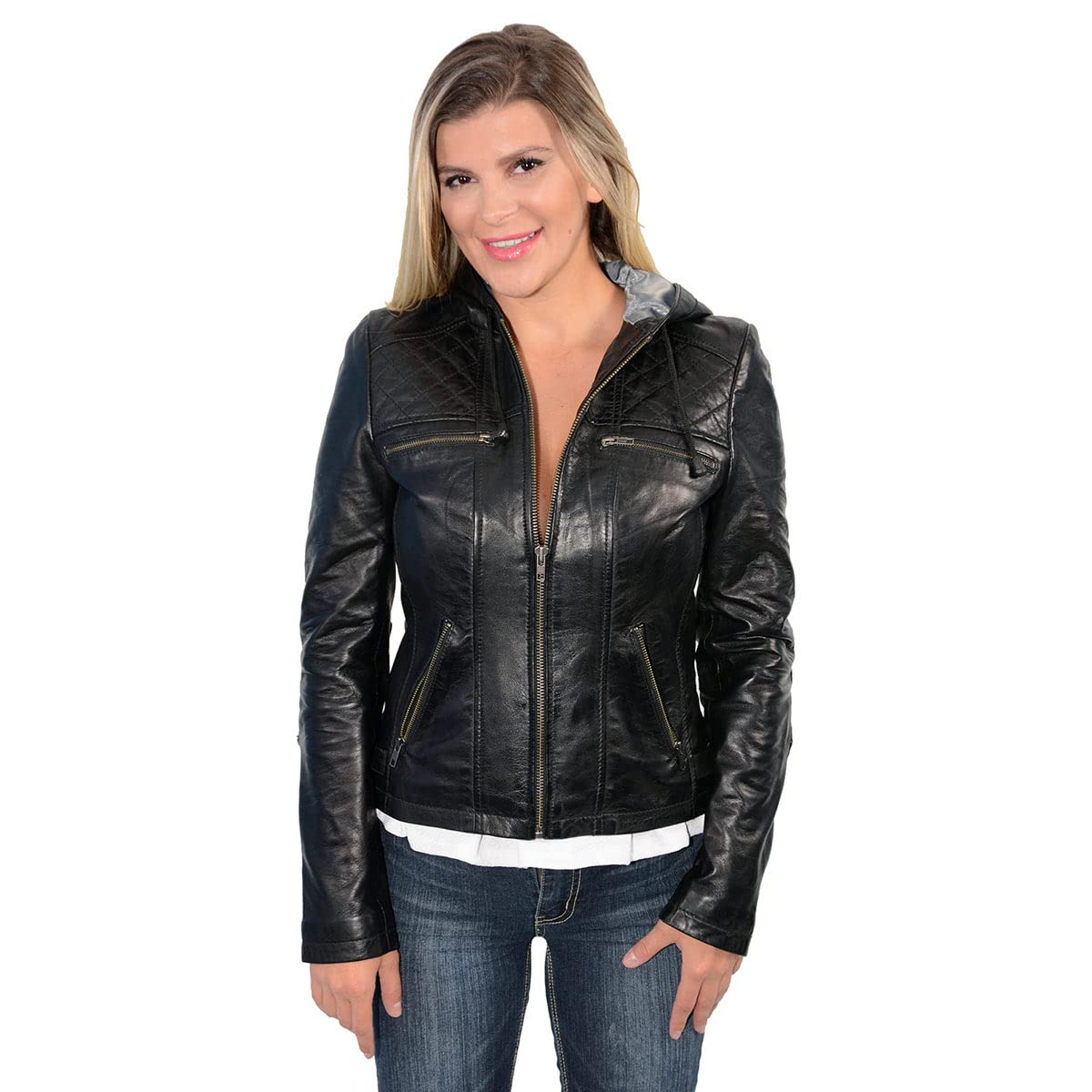 Milwaukee Leather SFL2810 Women's Black Scuba Style Fashion Leather Jacket with Drawstring Hoodie - Stylish Outerwear for Casual Wear, Night Out & Motorcycle Riding