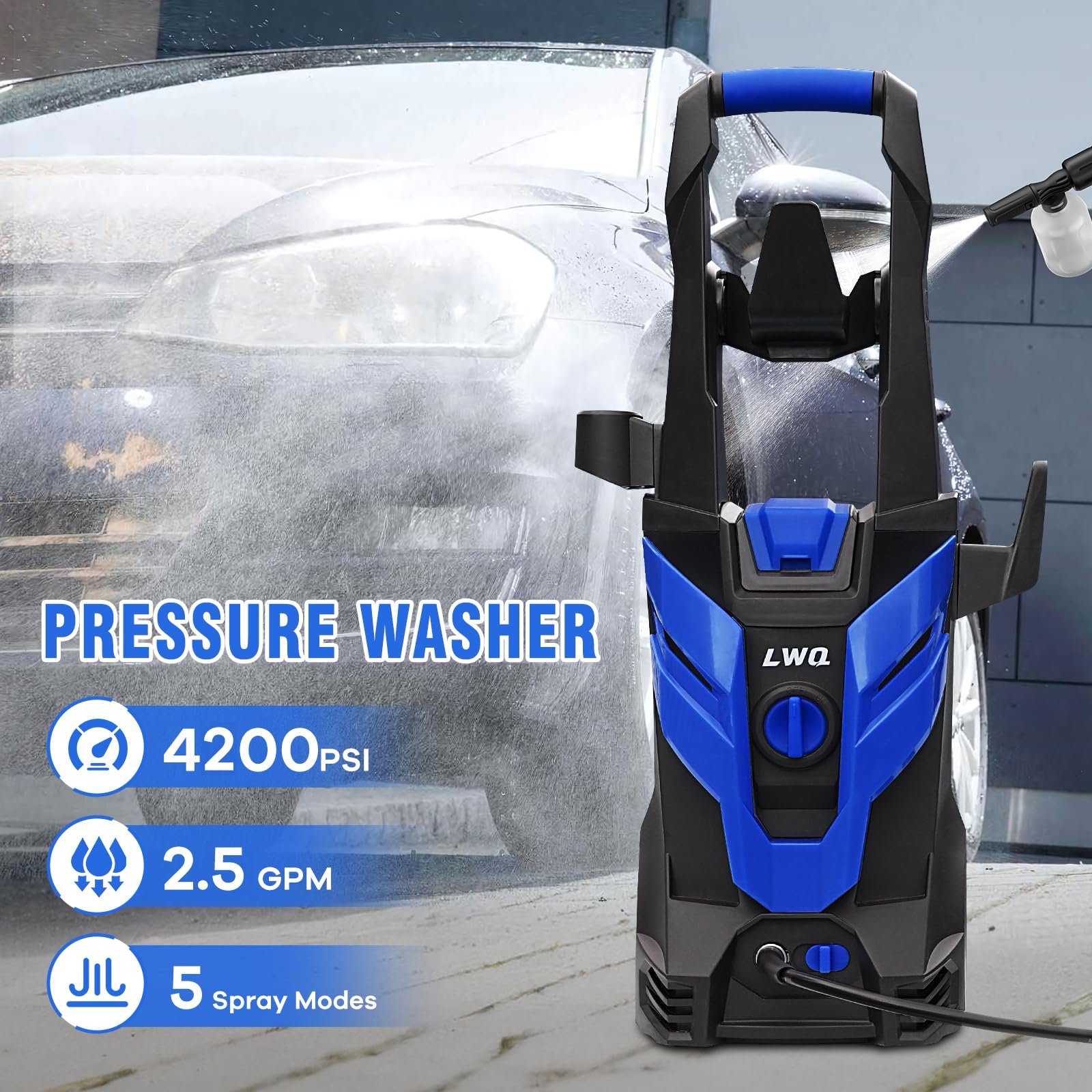 4200 PSI Electric Pressure Washer with Foam Cannon - 2.5 GPM High Power Cleaning Machine for Cars, Driveways, Patios - Includes 4 Quick Connect Nozzles - Perfect for Home, Fence & Outdoor Surface Cleaning