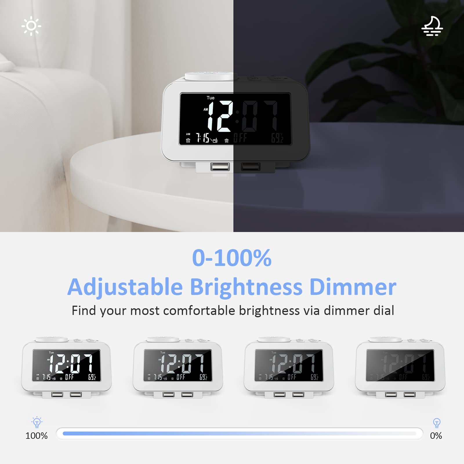 USCCE Digital Alarm Clock Radio with Dimmer - Dual Alarm, FM Radio, USB Charging, Thermometer | Adjustable Volume & 6 Alarm Sounds | Weekday/Weekend Mode, Battery Backup (White) - Perfect for Bedroom, Office, Travel & Home Use