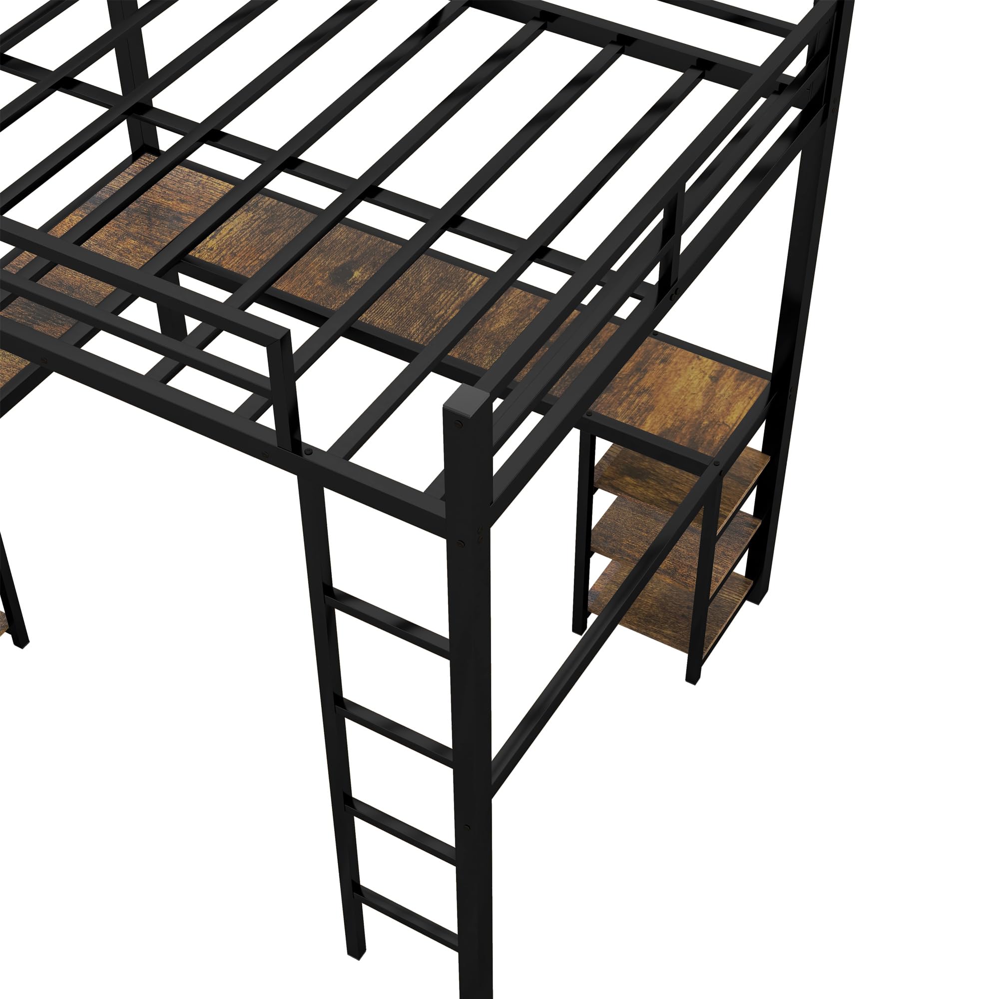 Full Size Loft Bed with L-Shaped Desk & Storage Shelves - Heavy Duty Metal Bunk Bed for Kids & Teens - Space Saving Study & Sleep Solution for Small Bedrooms - Black Full Size Loft Bed with Ladder