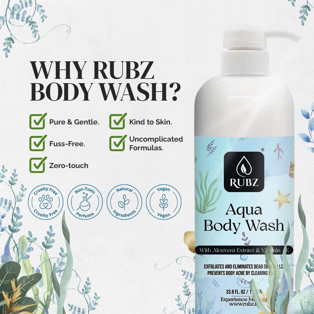 Rubz Aqua Body Wash - Glycerin Enriched, Long Lasting Fragrance | Soap-Free Shower Gel for Women & Men | Paraben & SLS Free | 1 Liter | Perfect for Daily Hydration & Sensitive Skin Care