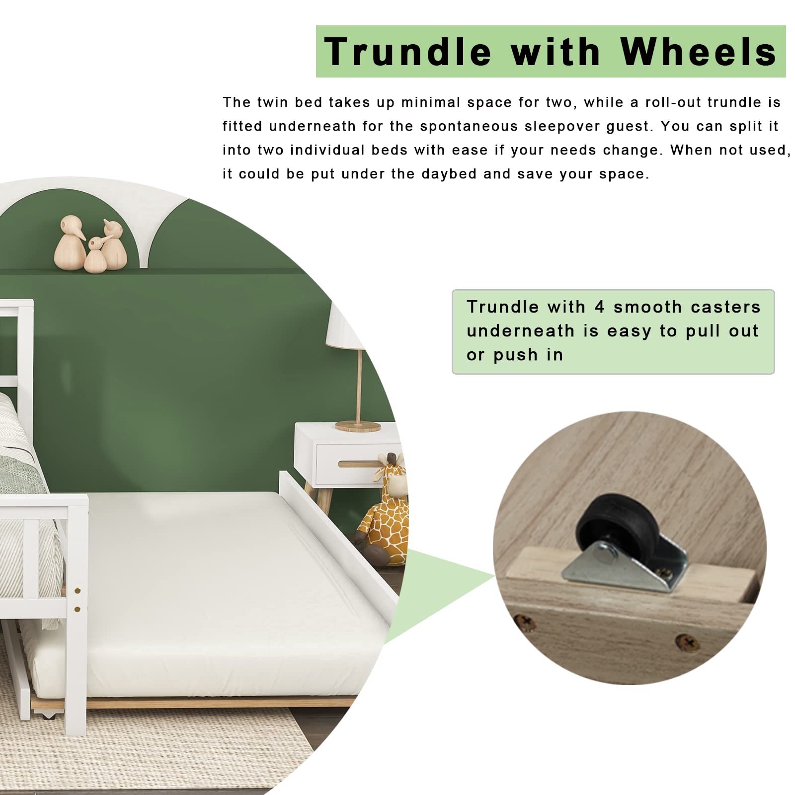 KINFFICT Solid Pine Wood Twin Platform Bed Frame with Trundle - Sturdy Daybed with Headboard & Footboard, 10 Thick Slats for Strong Support (No Box Spring Needed) - Perfect for Kids' Rooms, Guest Rooms & Small Spaces (White)