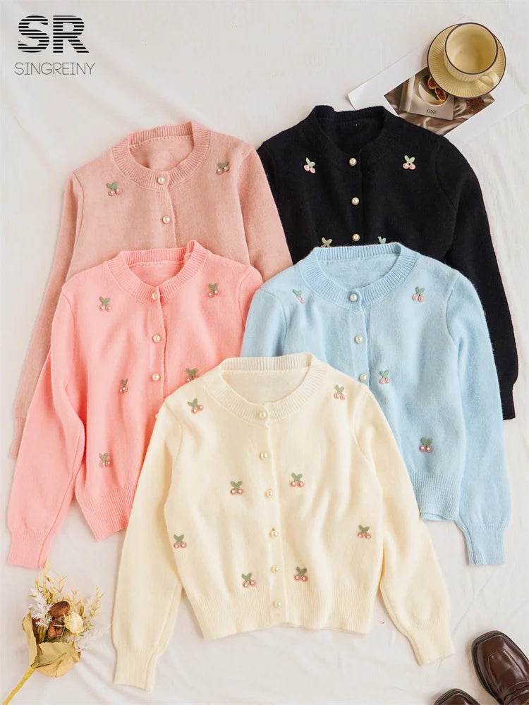 Cherry Beading Design Sweater for Women - Elegant Knit Top with Pearl Embellishments - Perfect for Parties, Dates & Office Wear