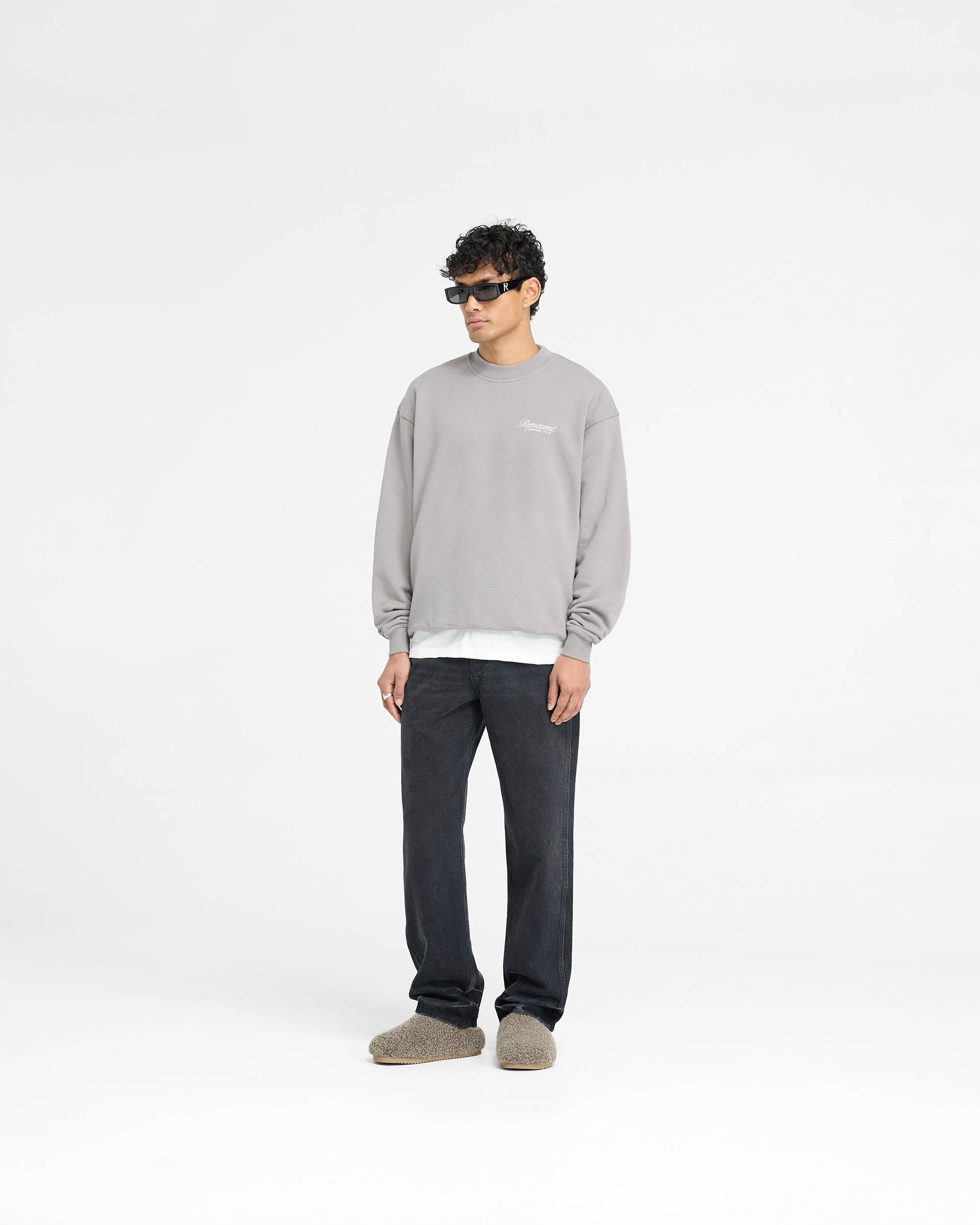 Represent Owners Club Script Sweater - Slate Gray Pullover | Vintage Inspired Streetwear for Men & Women | Perfect for Casual Outfits, Street Style & Urban Fashion
