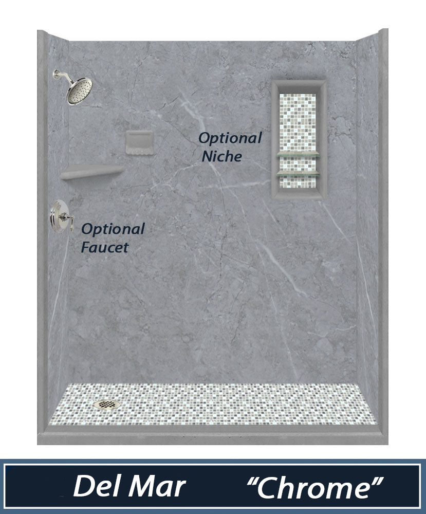 Grio Marble 60-Inch Alcove Shower Kit with 3 Accent Options - Waterproof Shower Pan & Wall Panels (Liner Optional) - Perfect for Bathroom Remodeling & Modern Home Upgrade