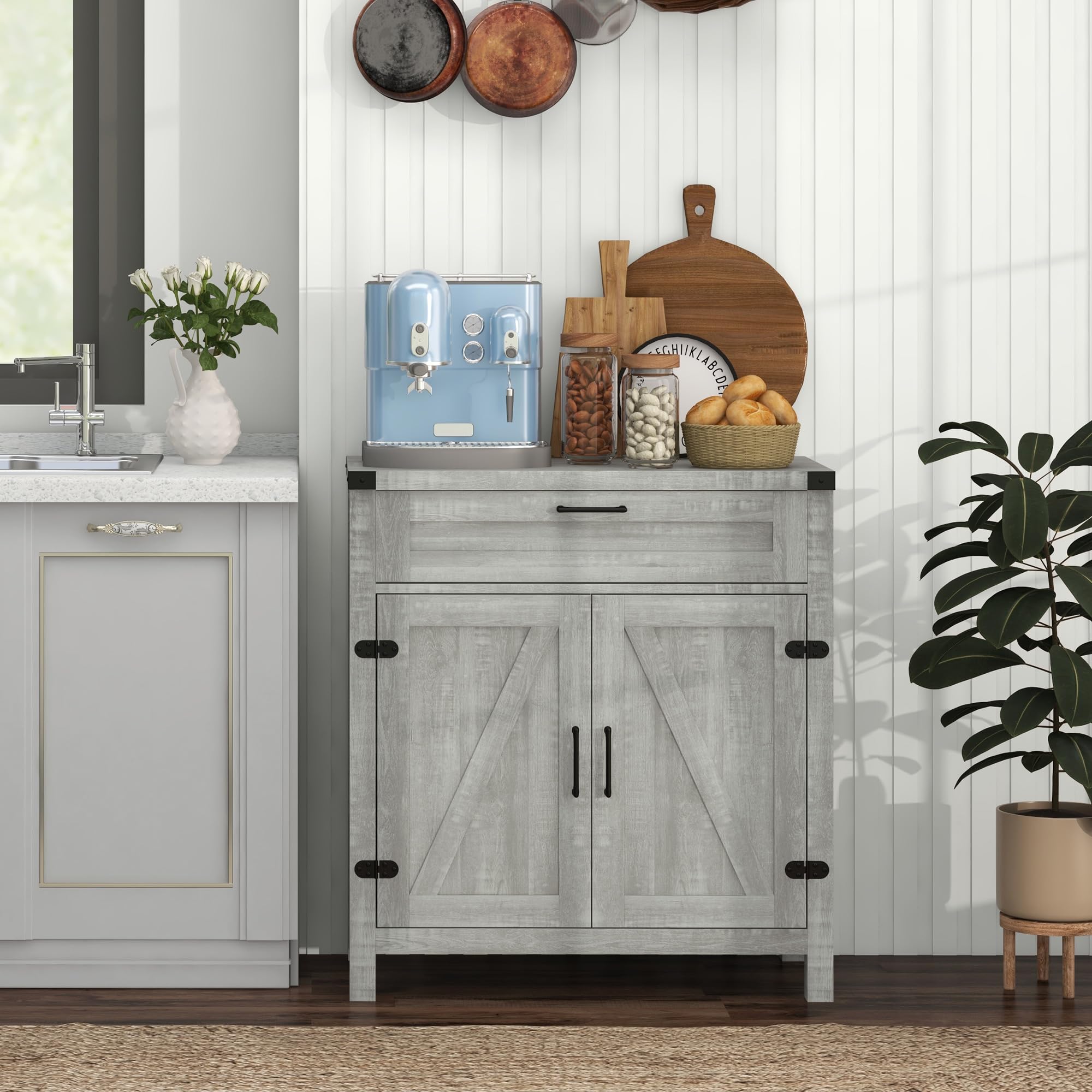 HOMCOM Modern Farmhouse Sideboard Buffet Cabinet with Storage Drawer & 2 Barn Doors - Gray Kitchen Coffee Bar Cabinet for Dining Room, Living Room & Home Decor