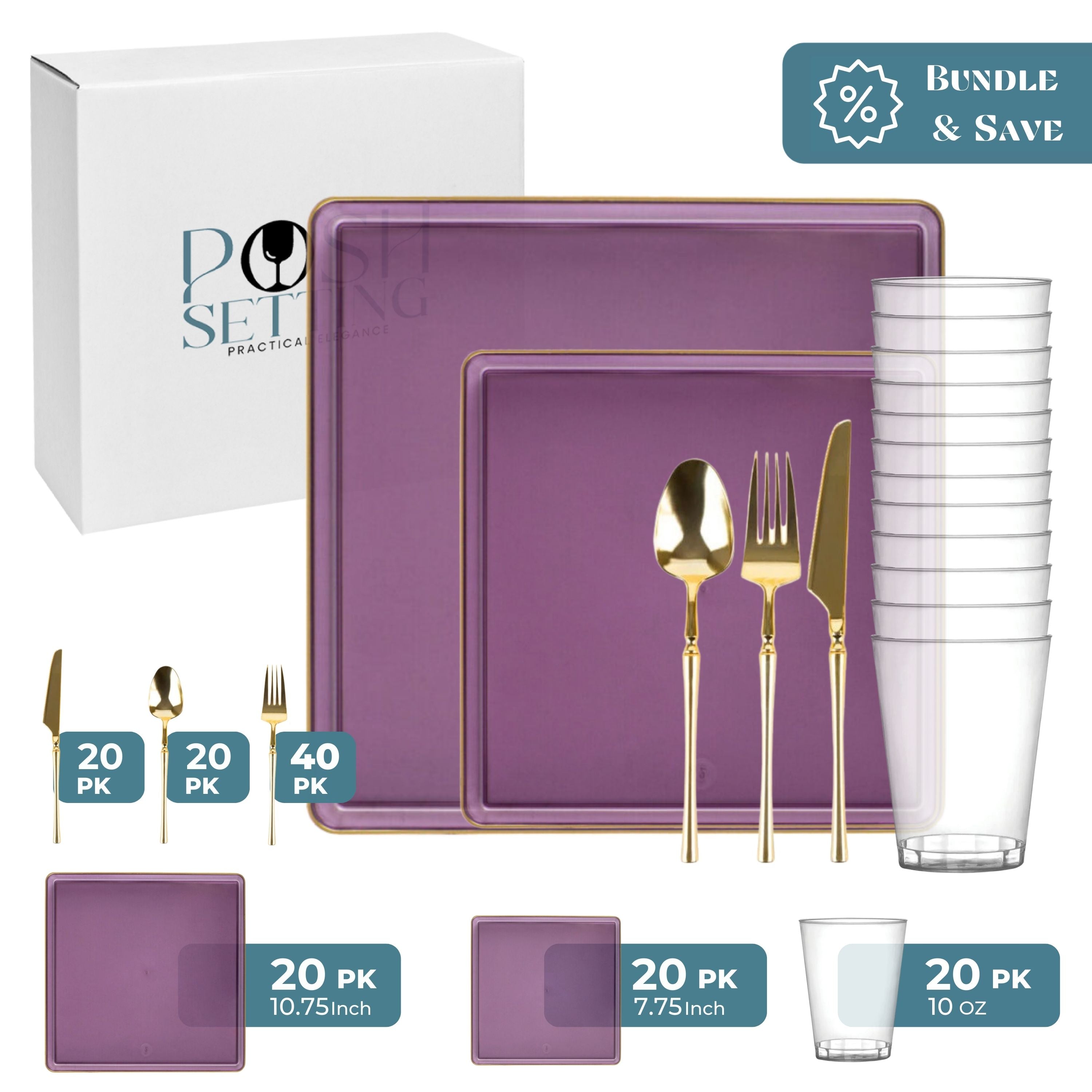 Purple and Gold Plastic Party Bundle - Square Edge Disposable Plates, Cups & Cutlery Set for Birthday, Wedding & Celebration Decorations