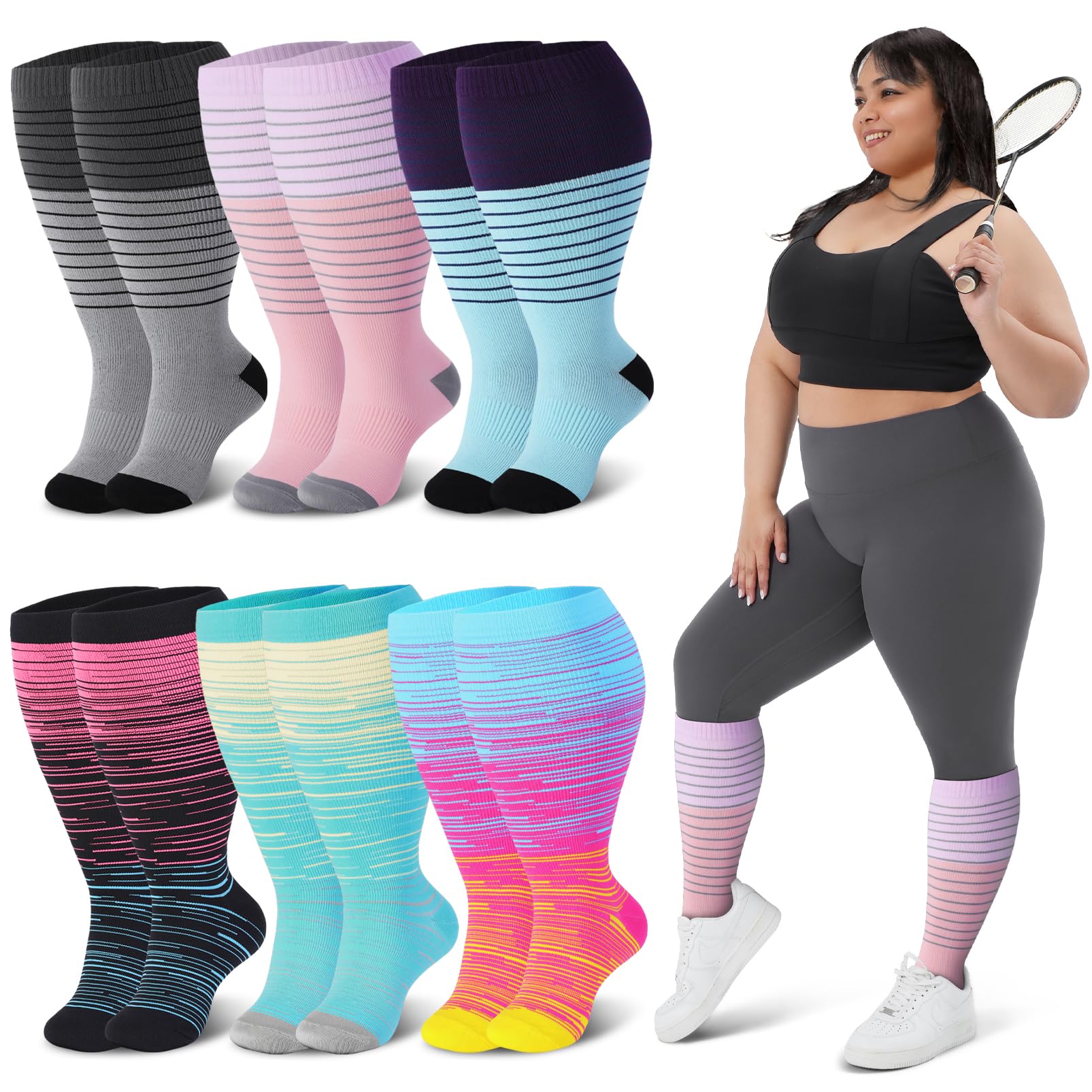 6 Pairs Compression Socks for Women & Men - Plus Size Support Socks for Running, Travel & Work - Improve Circulation & Reduce Swelling - Perfect for Athletes, Nurses & Frequent Flyers