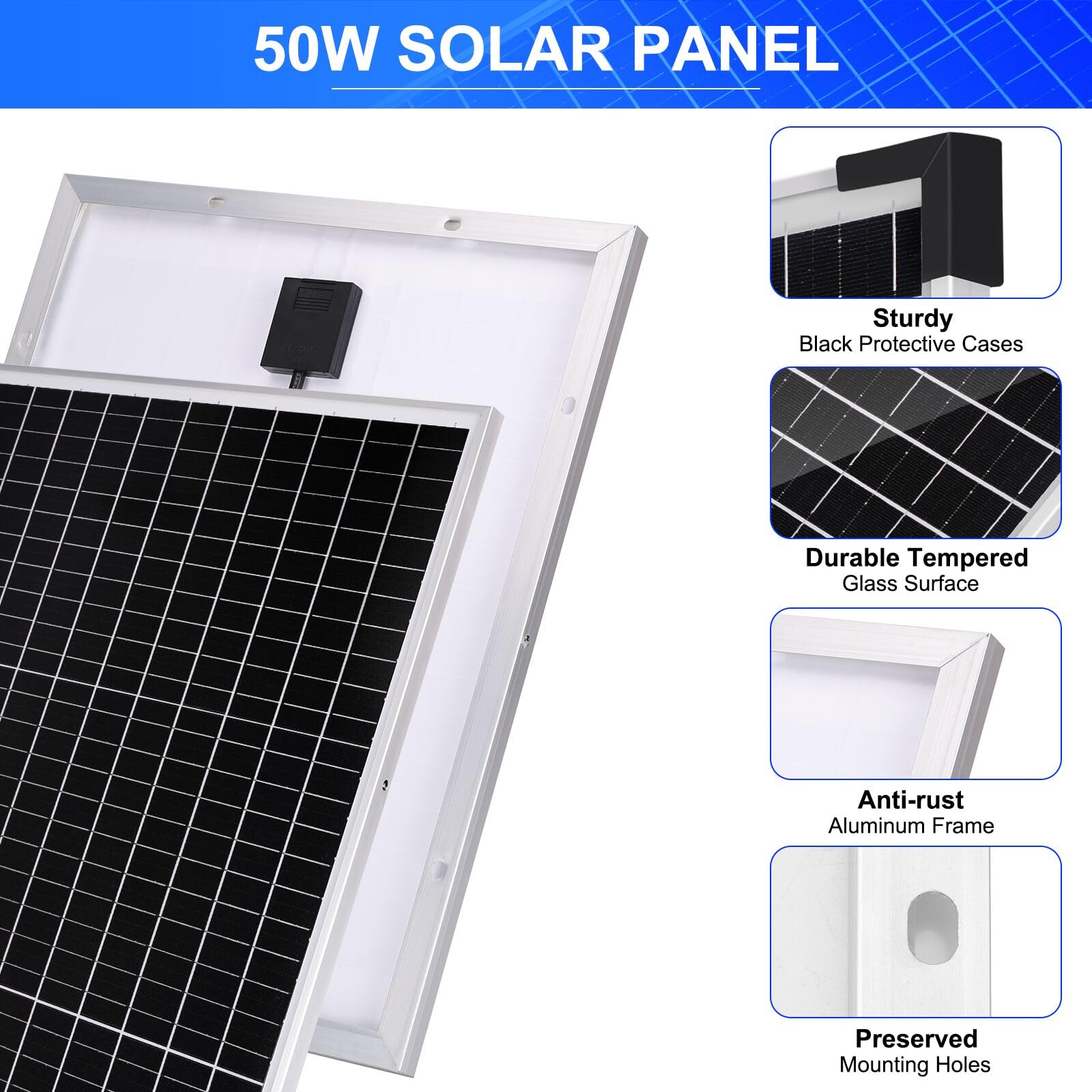 50W Monocrystalline Solar Panel Kit with 10A Charge Controller - 12V/24V Battery Charging for RV, Boat, Car Roof, Off-Grid Cabins & Outdoor Adventures | Portable Solar Power for Camping, Emergency Backup & Remote Locations