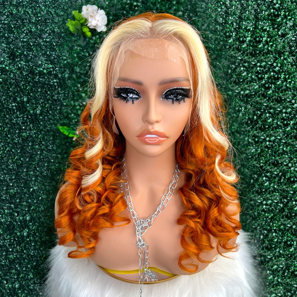 13x4 Lace Front Human Hair Wig - Ginger Orange with 613 Blonde Highlights | 20 Inch Body Wave Skunk Stripe Wig for Black Women | Perfect for Cosplay, Halloween, Parties & Daily Wear