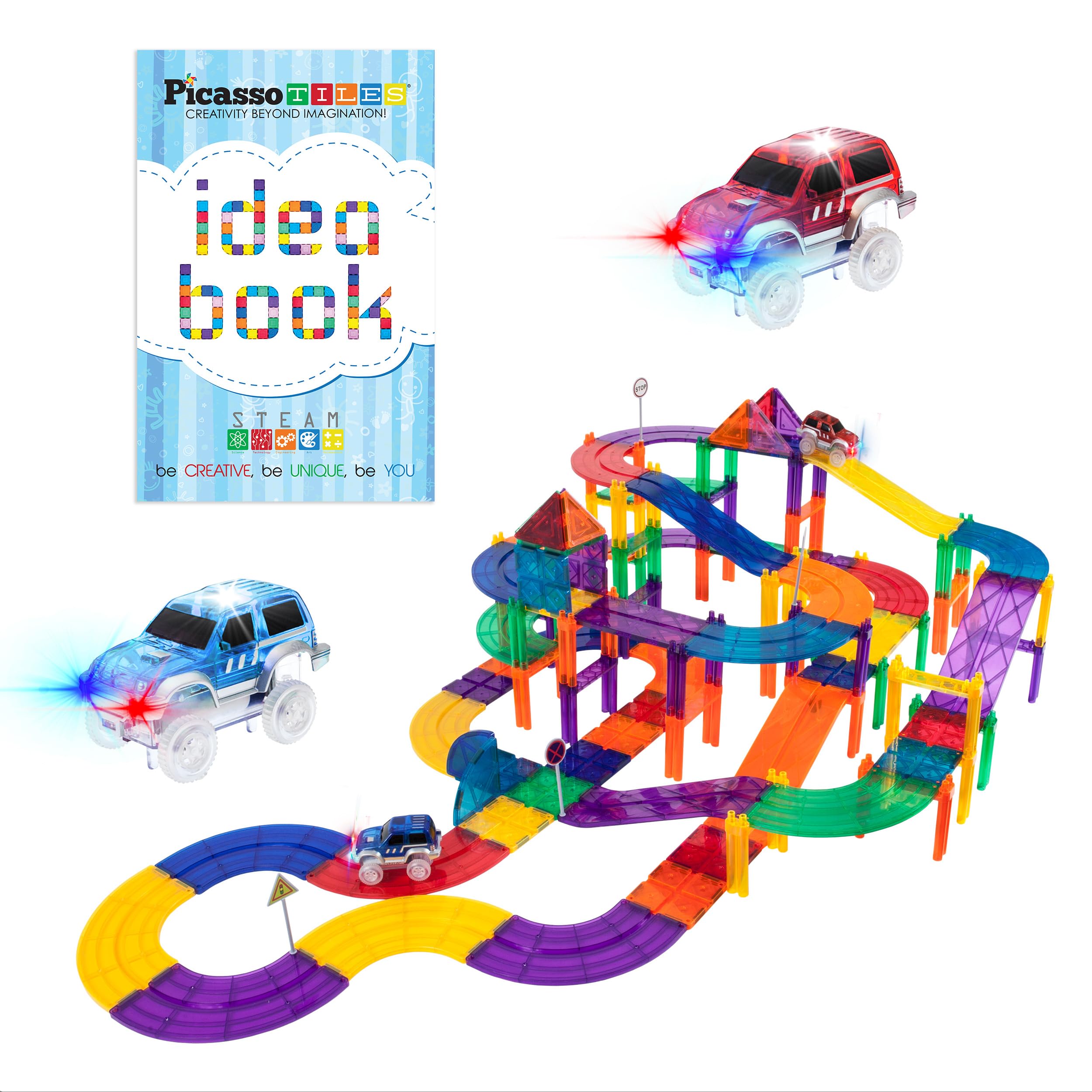 PicassoTiles 100-Piece Magnetic Race Car Track Set with LED Cars & Idea Book - STEM Learning Toy for Kids, Fine Motor Skills & Creativity Development - Perfect for Playtime, Birthday Gifts & Educational Activities