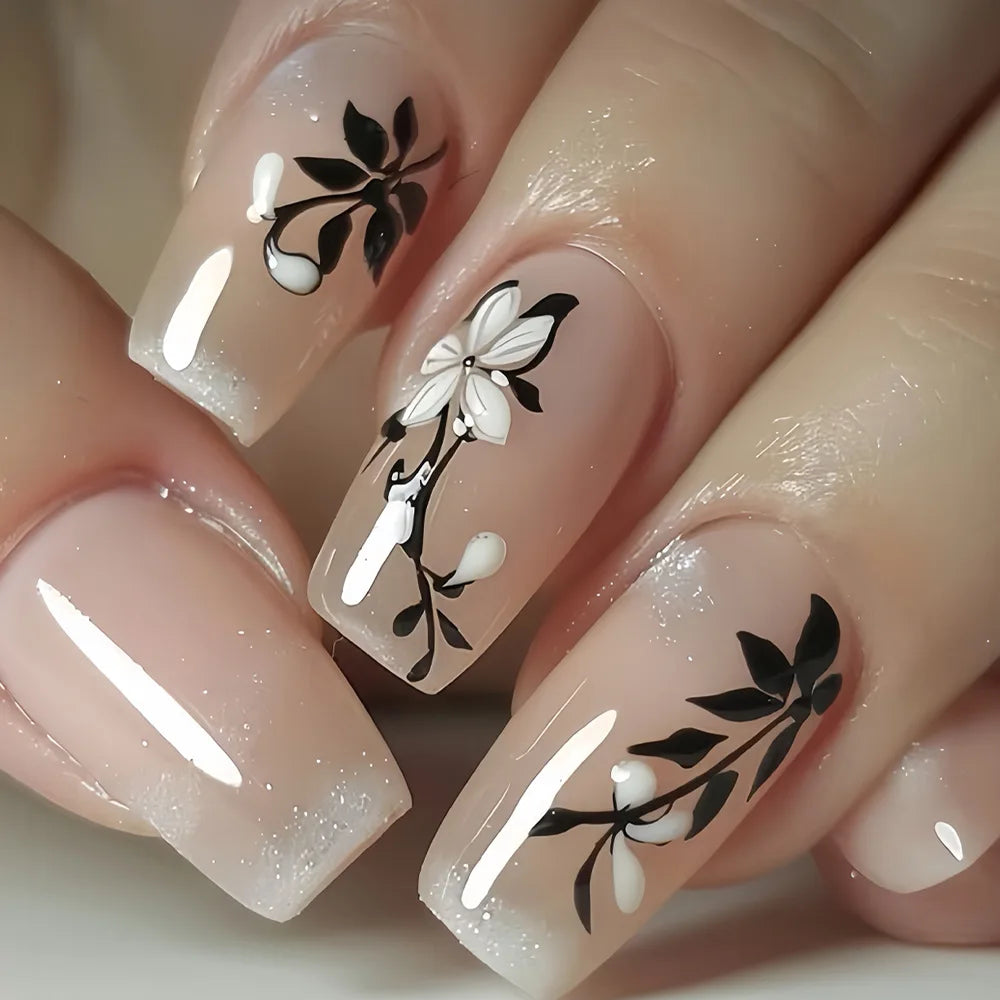 24Pcs White Square Press on Nails - French Ink Wash Design False Nails Set, Short Fashion Fake Nails with Adhesive for Women, Perfect for Daily Wear, Parties, Weddings and Special Occasions