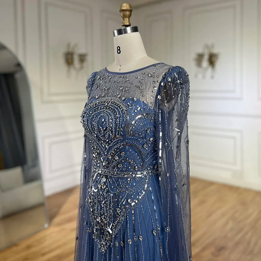Luxury Designer Blue Beaded Stone Arabic Evening Dress with Cape Sleeve LA72635 - Elegant Formal Gown for Weddings, Galas & Special Occasions