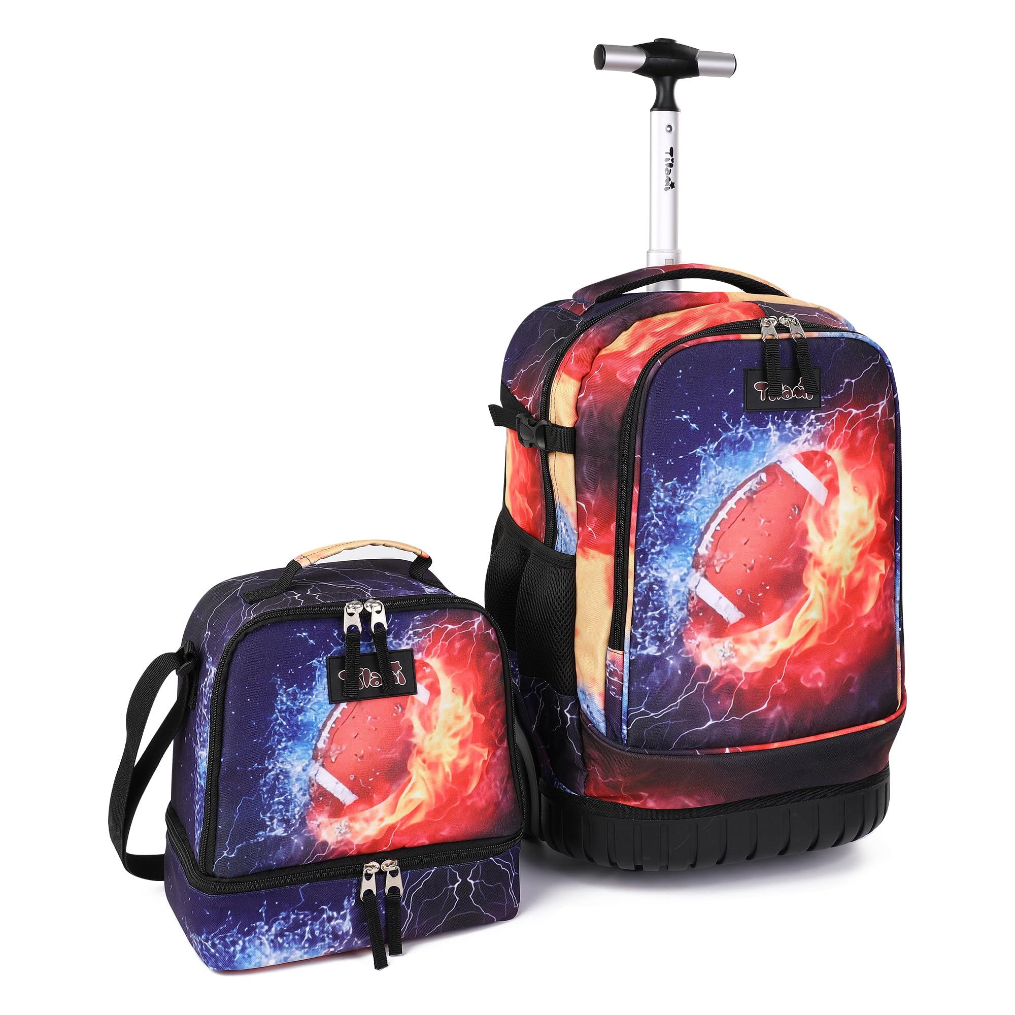 Tilami 19 Inch Rolling Backpack with Lunch Box - Wheeled Laptop Backpack for School & Travel - Durable Rugby Black Design - Perfect for Students, Commuters & Business Professionals
