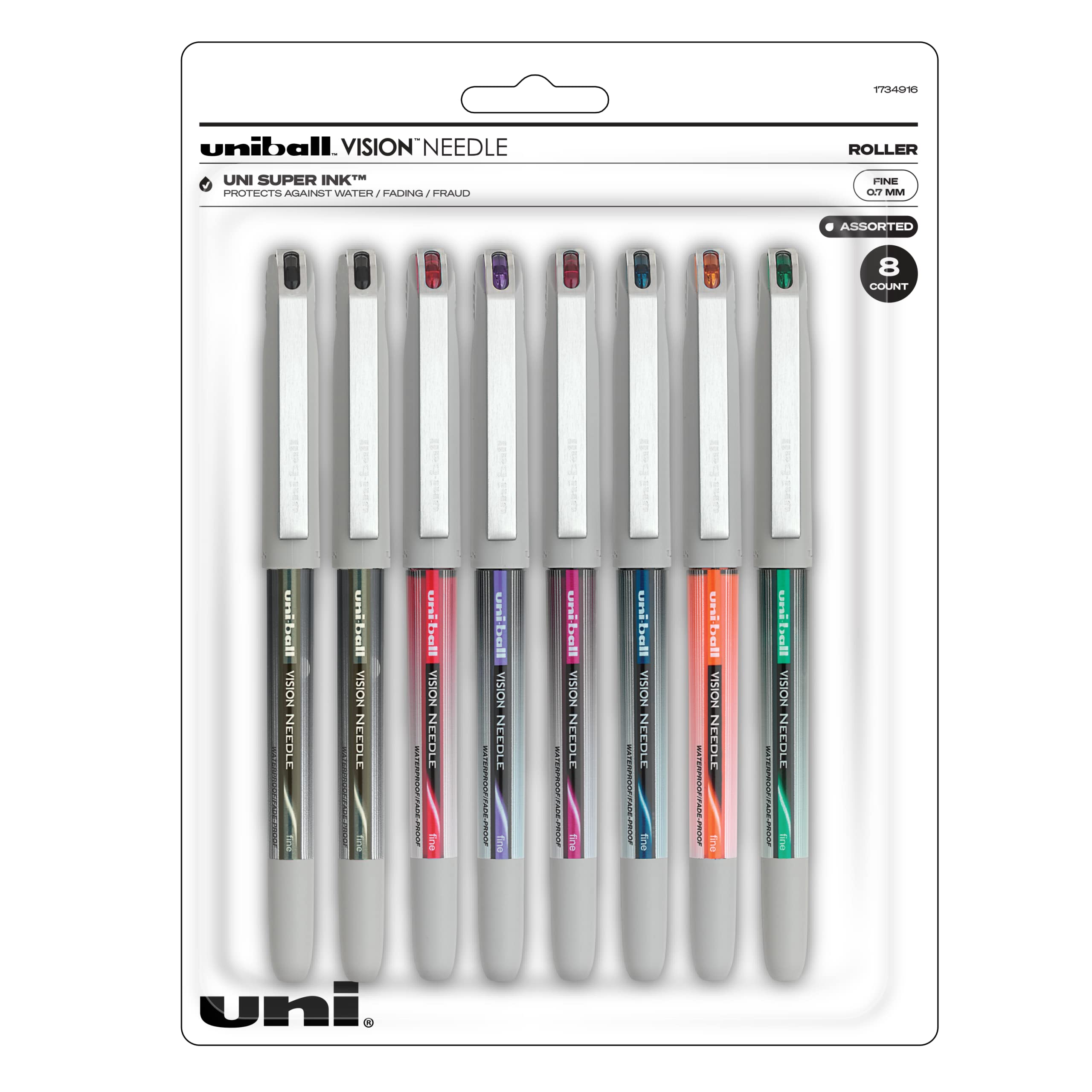 uni-ball Vision Needle Rollerball Pens - 0.7mm Fine Point, 8-Pack Assorted Colors - Smooth Writing for Office, School & Journaling