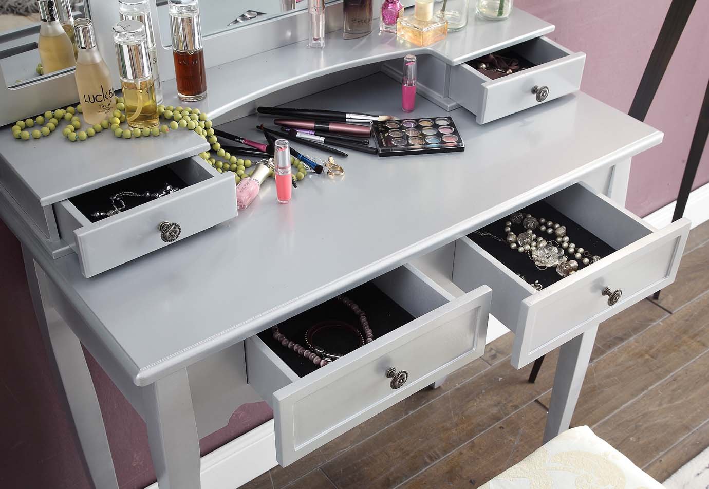 Roundhill Furniture Sanlo Wooden Vanity Makeup Table and Stool Set with Mirror - Elegant Dressing Table for Bedroom, Bathroom & Beauty Salon