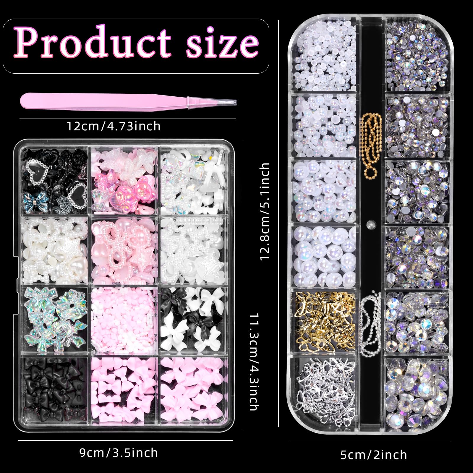 2 Boxes 3D Nail Art Charms Set - Bow, Bowknot, Butterfly, Flower, Half Round Pearl & Rhinestone, Star, Heart Pearls for DIY Nail Designs | Perfect for Salon, Home Manicure, Nail Art Enthusiasts & Gift Giving