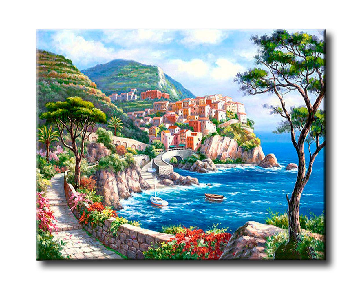 Shukqueen DIY Oil Painting Kit for Adults - Paint by Numbers Acrylic Art Set 16x20 Inch Port Town Landscape (Frameless) - Home Decor, Wall Art, Relaxation & Gift Idea