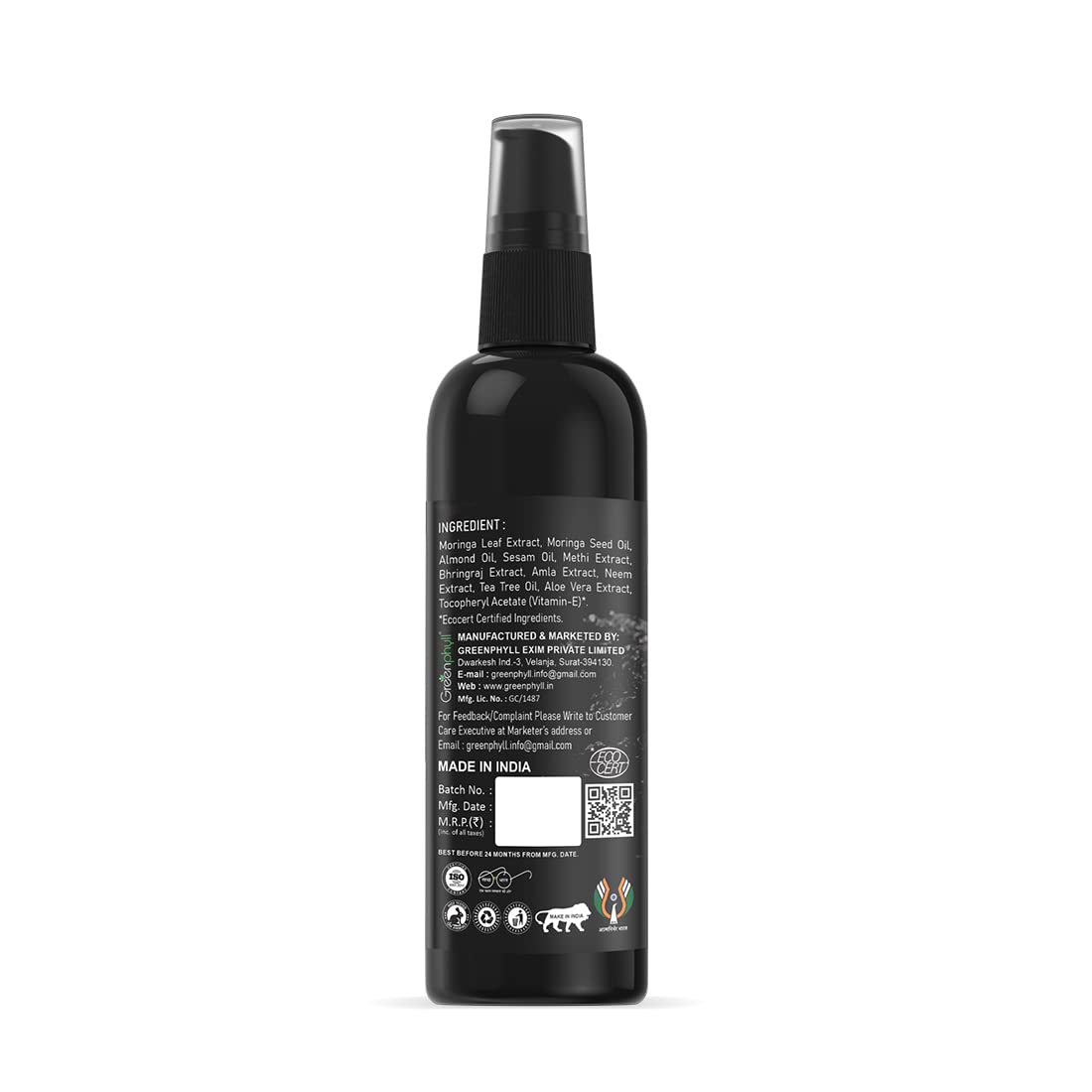 Organic Greenphyll Moringa Hair Oil with Natural Moringa Extract - Promotes Hair Growth & Reduces Hair Fall (100ml) - Perfect for Dry, Damaged Hair & Scalp Nourishment