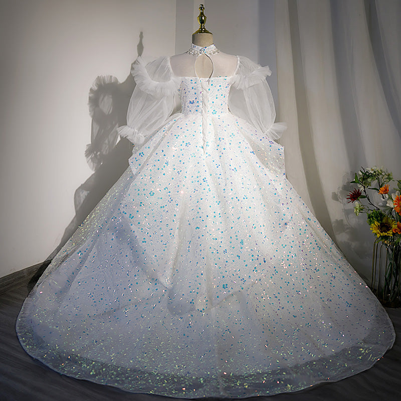 Elegant White Sequined A-Line Flower Girl Dress with Puff Long Sleeves – Perfect for Weddings, Pageants & Special Occasions