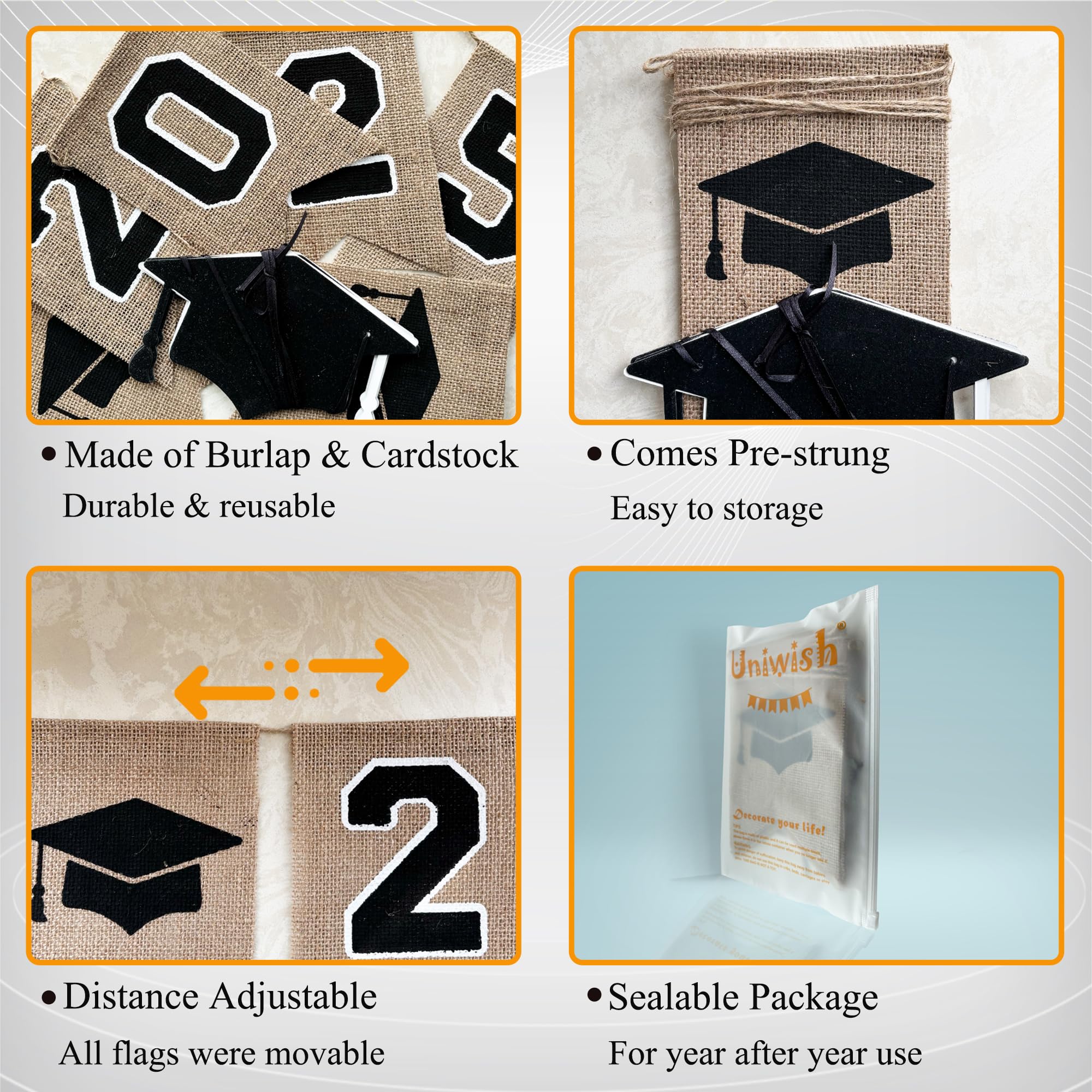 Uniwish 2025 Graduation Burlap Banner - College & High School Graduation Decor, Cap Garland Bunting for Grad Party Supplies - Perfect for Classroom, Home Decor & Congrats Celebrations
