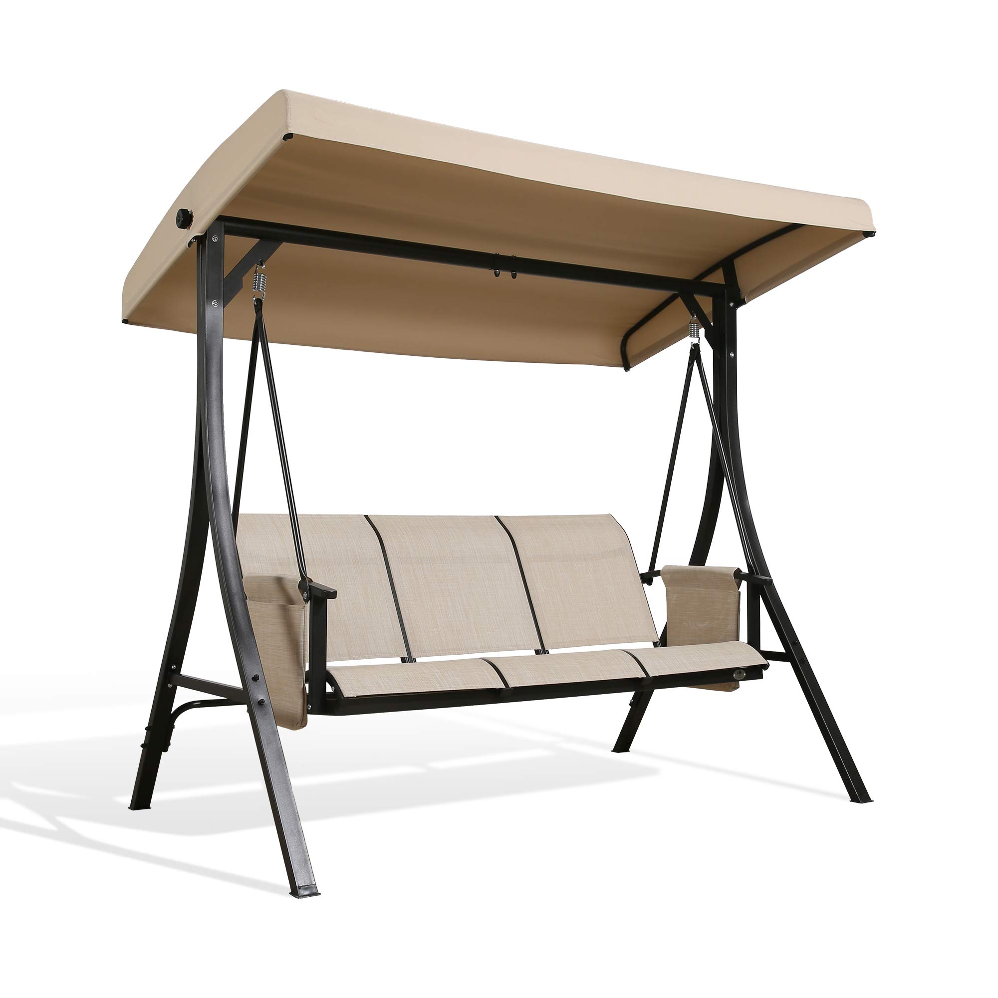 3-Seat Textilene Patio Swing with Stand & Adjustable Canopy - Outdoor Porch Glider for Garden, Backyard, Deck (Beige) - Perfect for Relaxing, Lounging & Enjoying Nature