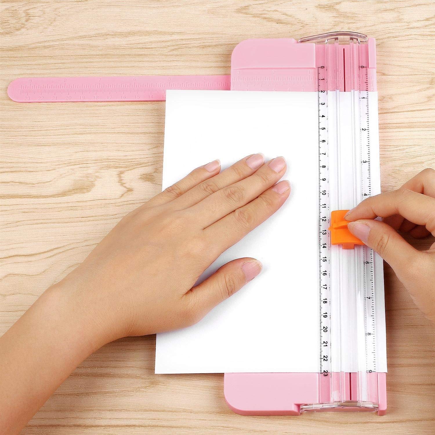 BE-TOOL Portable A5 Paper Trimmer - Precision Photo Cutter with Safety Finger Guard & Slide Ruler for Scrapbooking, Photos, Labels (Pink) - Ideal for Crafting, Office Use & DIY Projects