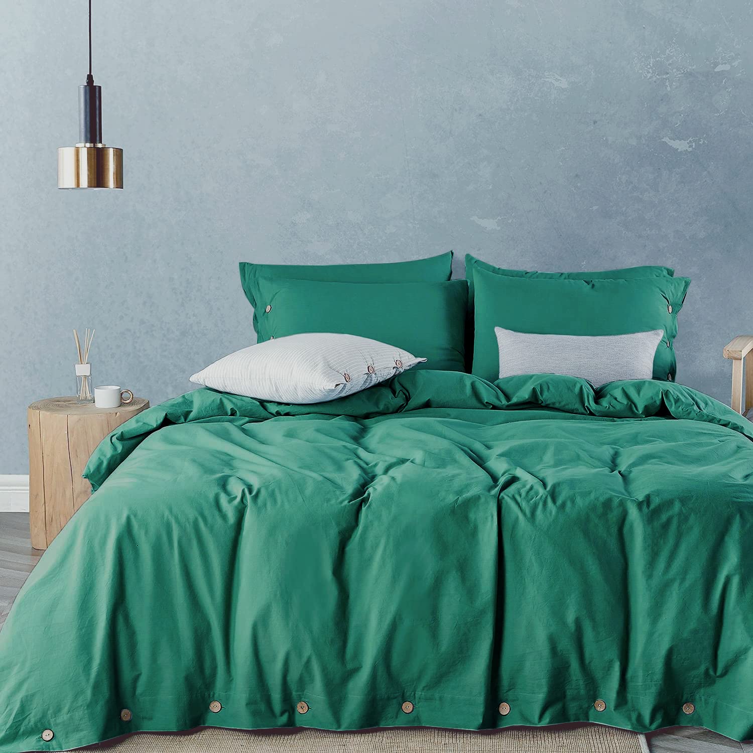 JELLYMONI 100% Washed Cotton Duvet Cover Set - Emerald Green Luxury Soft Bedding with Button Closure, King Size (3 Piece, Comforter Not Included) | Perfect for Master Bedroom, Guest Room & Vacation Homes