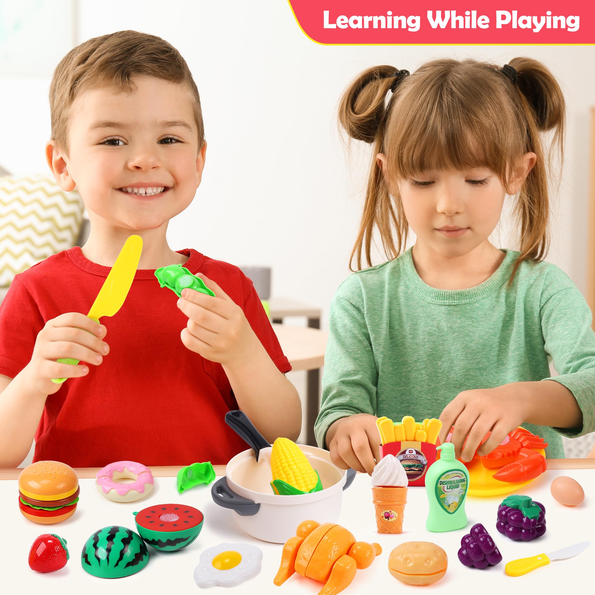 HOLYFUN Kids Kitchen Play Food Toy Set - 30-Piece Pretend Cutting Fruits & Vegetables, Pots, Pans & Plastic Dishes - Educational Pretend Play for Toddlers & Preschoolers (Boys & Girls) - Perfect for Role Play, Birthday Gifts & Early Learning Activities