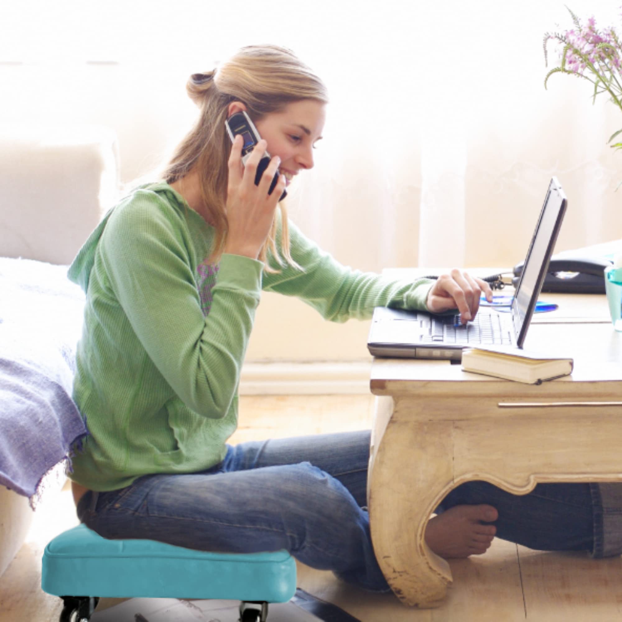 360 Degree Rotating Low Rolling Stool with Wheels - Adjustable PU Low Height Rolling Seat Wheel Stool Chair, Square Seat Stool for Home Office, Fitness, Garage & Workshop (Blue) - Perfect for Salon Stylists, Mechanics & Office Workers