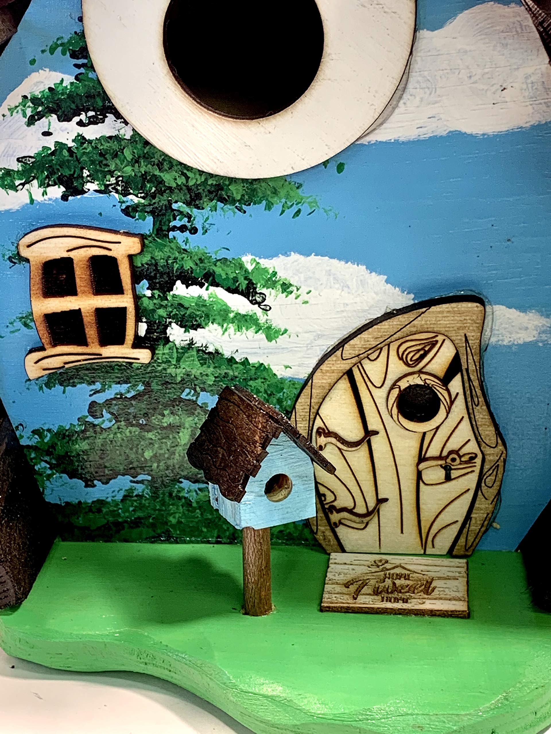 Blue Bird House for Outside Hanging - Weatherproof Wooden Birdhouse with Happy Tree Design - Attract Wild Birds to Your Garden, Backyard or Patio