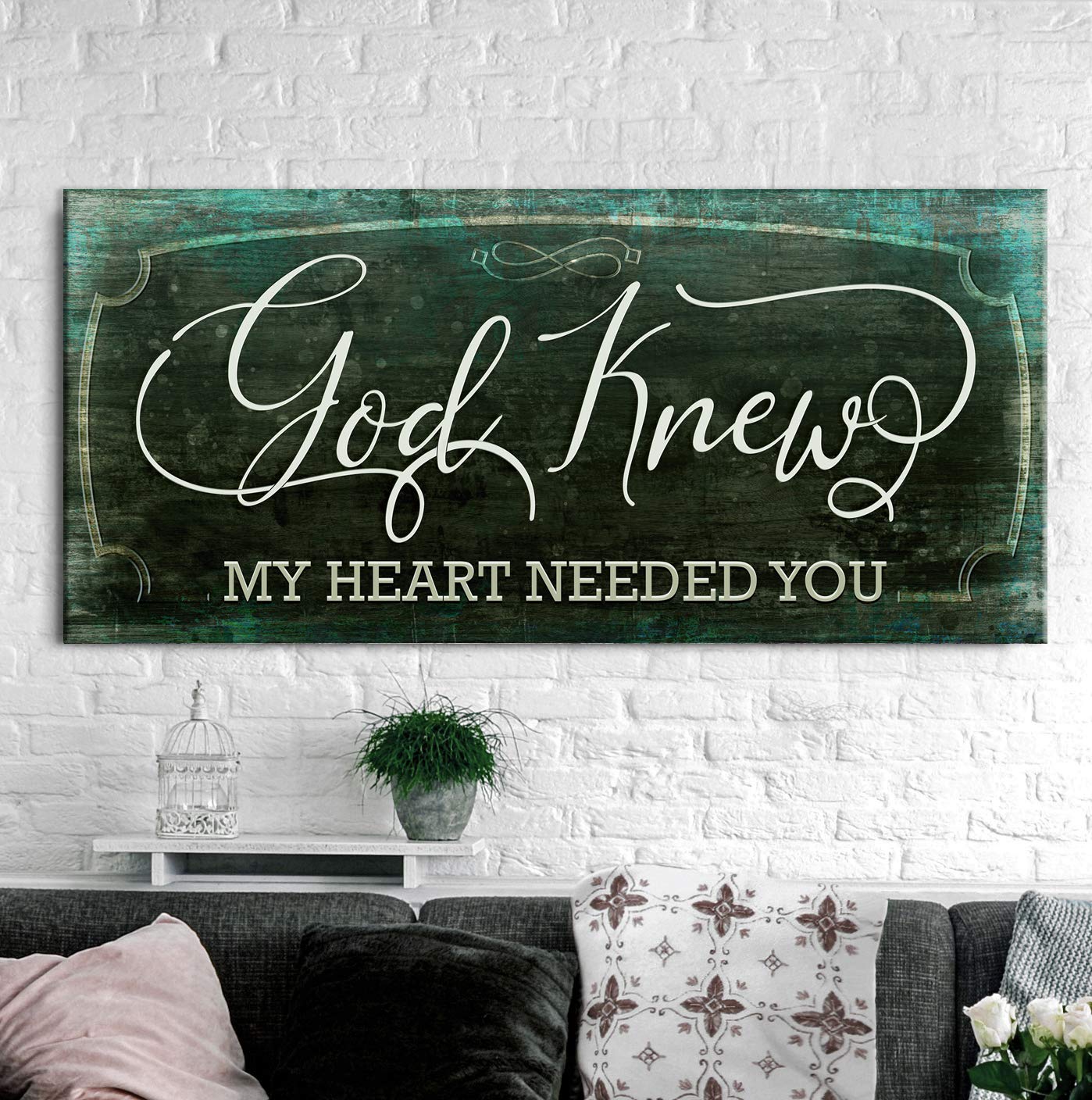 God Knew My Heart Needed You Quote Wood Framed Canvas Wall Art - Inspirational Home Decor for Bedroom, Living Room & Couples Gift (Teal, 42x19) - Perfect for Romantic Spaces & Anniversary Presents