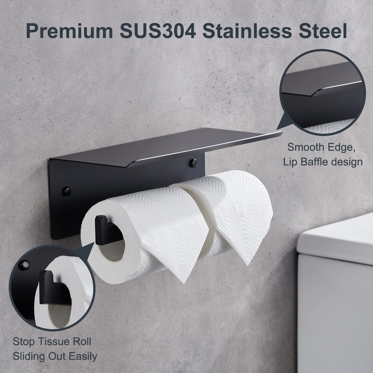 CRW Matte Black Double Roll Toilet Paper Holder with Shelf & Phone Stand - Stainless Steel Wall Mounted Bathroom Tissue Dispenser - Perfect for Home, Office & Commercial Restrooms