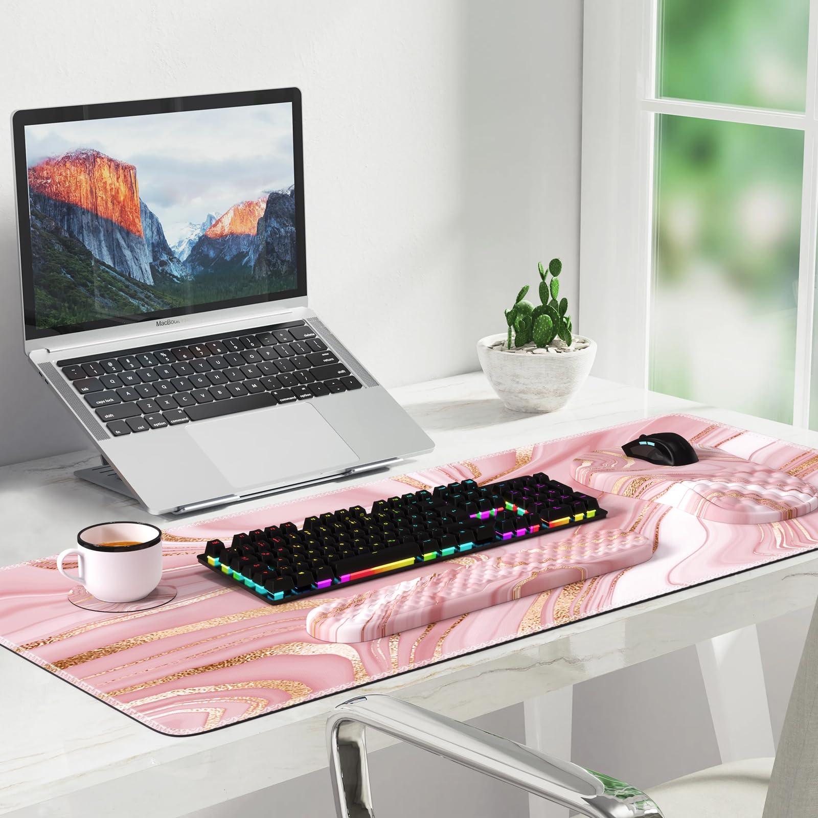 Pink Memory Foam Desk Mat with Wrist Rest - Rose Gold Keyboard & Mouse Pad for Comfortable Typing & Gaming - Non-Slip Computer Mat for Office & Home Workspace (Rose Gold Pink)