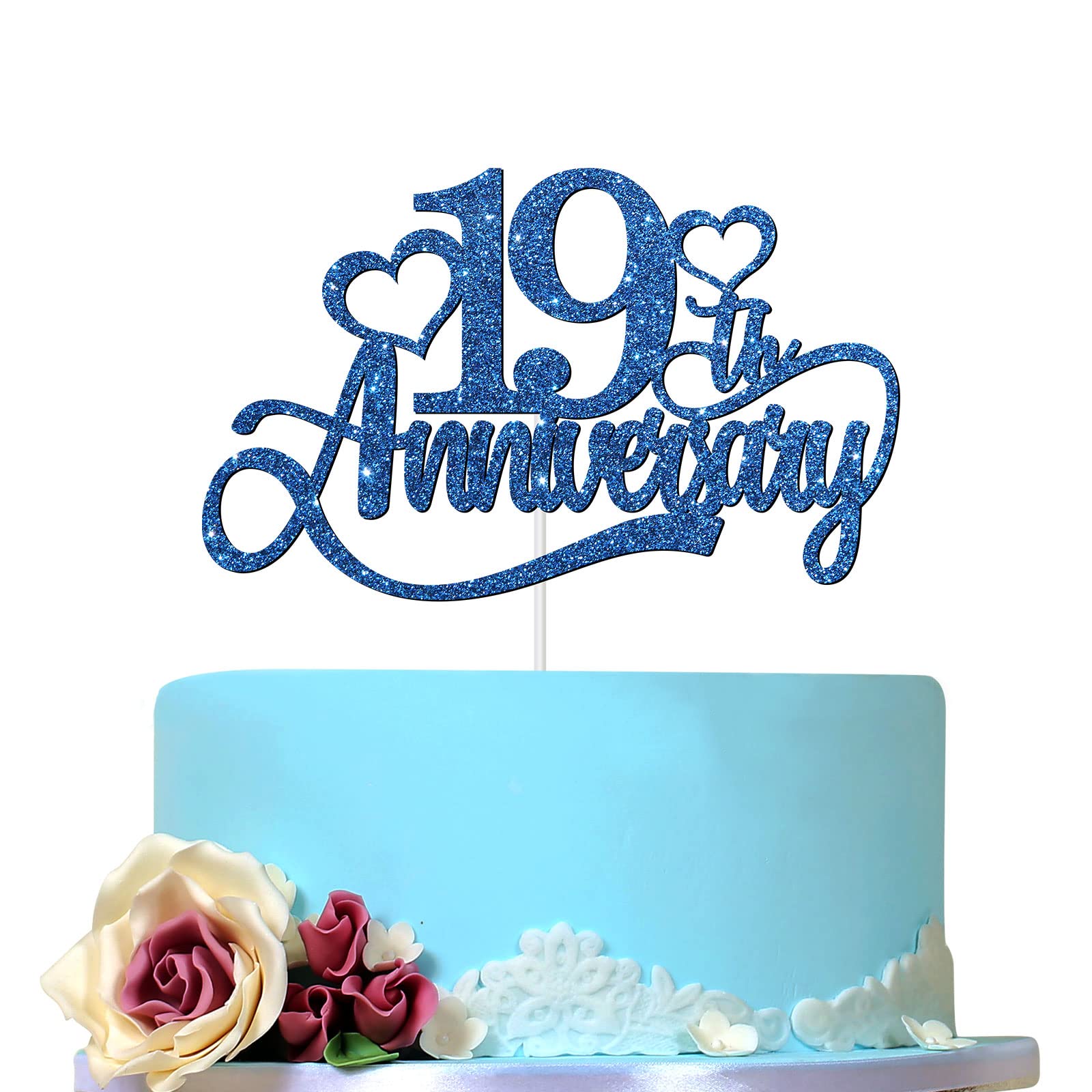 19th Anniversary & Birthday Cake Topper - Deep Blue Glitter Happy 19th Cake Decoration for Wedding & Party | Cheers to 19 Years Sign | Perfect for Anniversaries, Birthdays & Celebrations