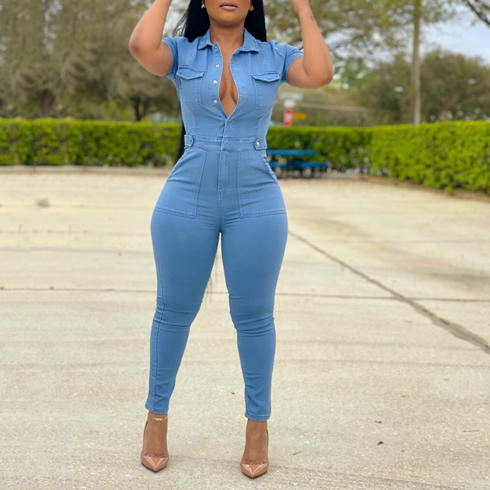 Women's Slim Fit Distressed Denim Jumpsuit - Short Sleeve Button Down Jean Romper for Casual Outings & Summer Fashion | Perfect for Street Style, Date Nights & Weekend Wear
