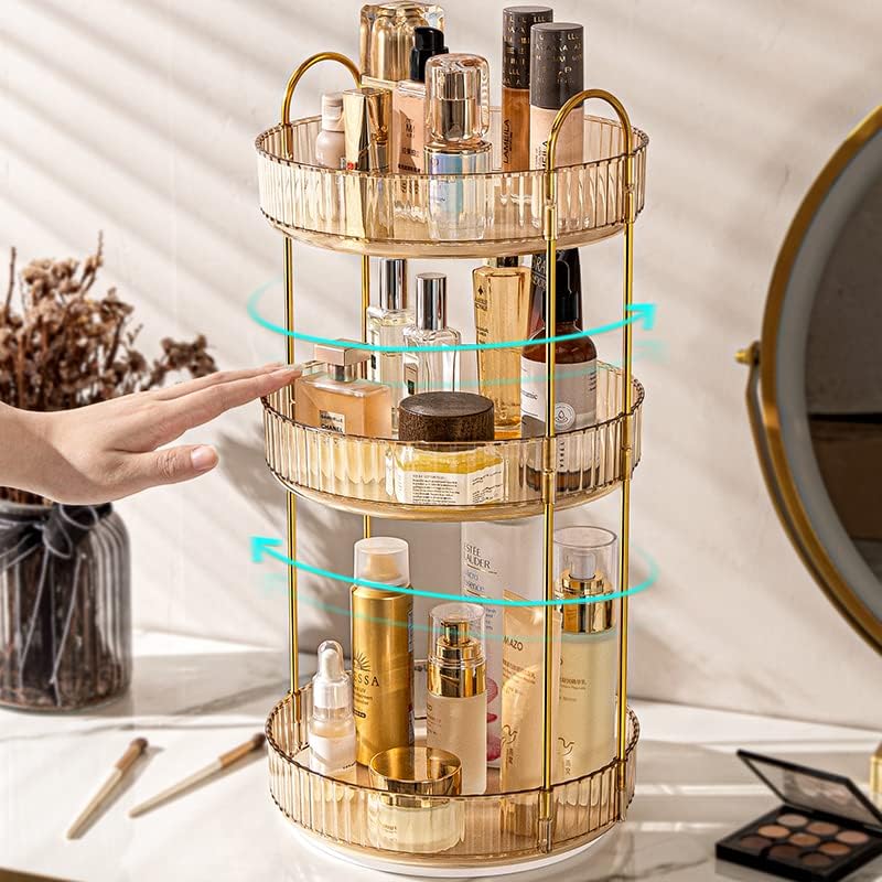 360° Rotating Makeup Organizer - 3-Tier High Capacity Cosmetic & Skincare Storage for Vanity, Bathroom Counter, Dresser (Amber) | Perfect for Organizing Lipsticks, Brushes & Beauty Products