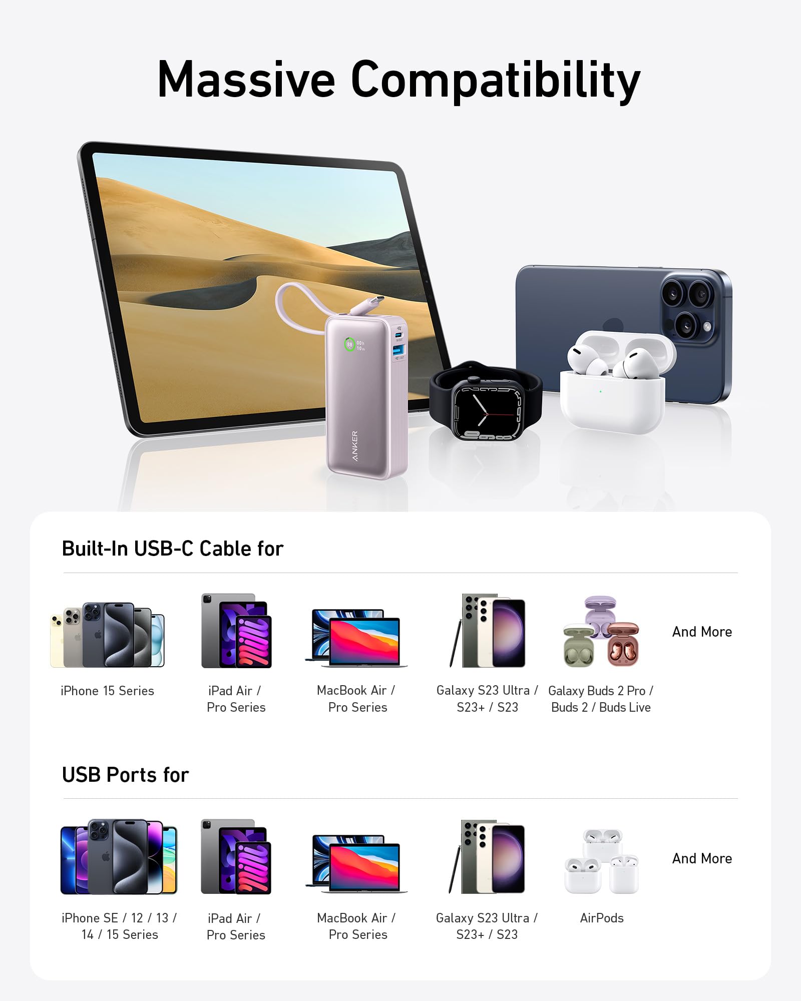 Anker Nano 10,000mAh Portable Charger with Built-in USB-C Cable - 30W Fast Charging Power Bank for iPhone 16/15, MacBook, Galaxy S24/S23, AirPods - Perfect for Travel, Work & Outdoor Adventures