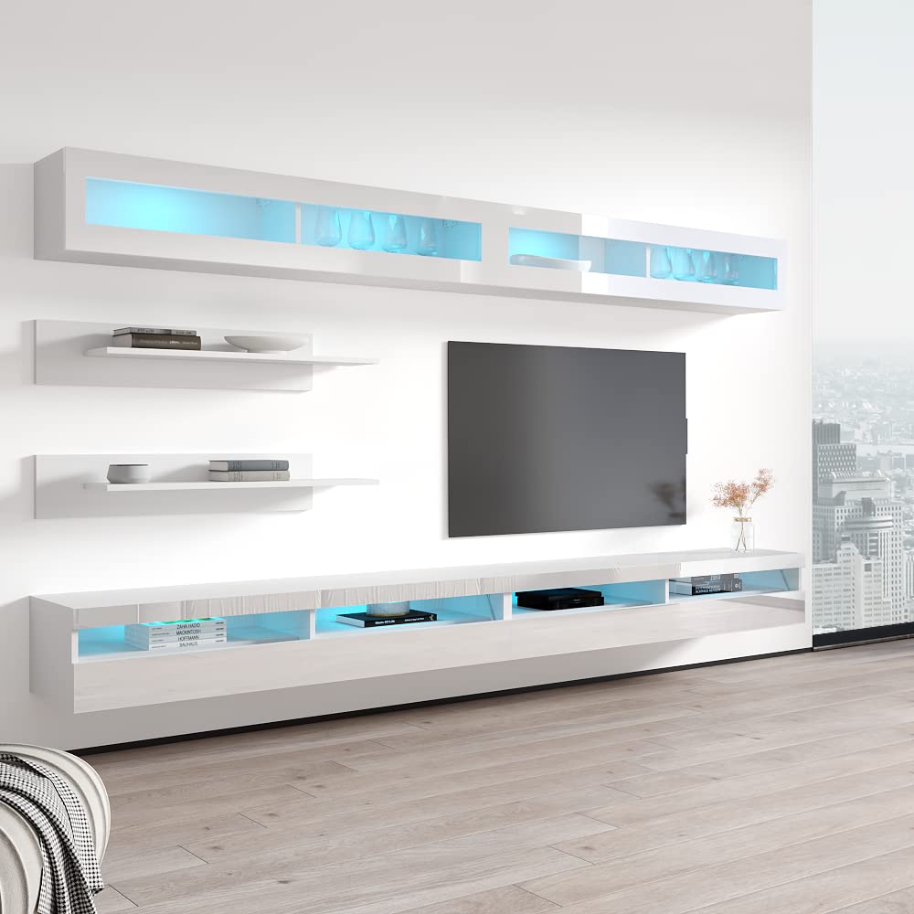 Modern White Wall-Mounted TV Stand with Storage Shelves & LED Lights - Floating Entertainment Center Console for Living Room & Bedroom - Perfect for 35