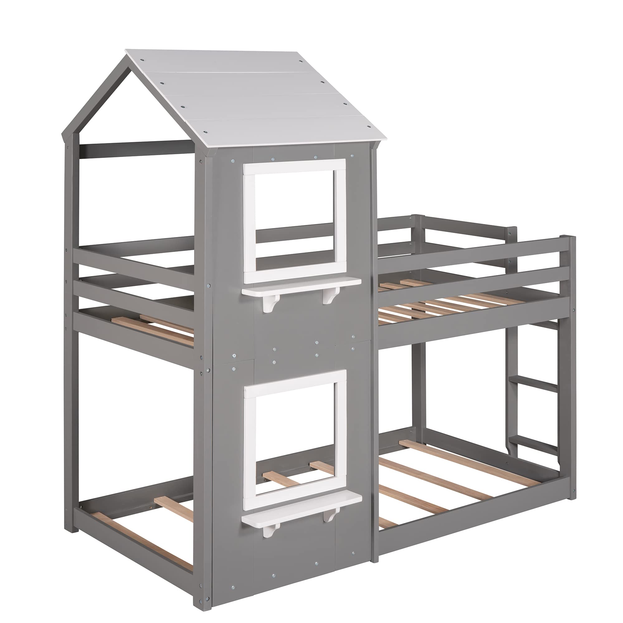 LZ LEISURE ZONE Twin Over Twin Bunk Bed with Roof - Wooden House Style Bed Frame with Window, Guardrail & Ladder - Space Saving Grey & White Kids Bunk Bed for Small Bedrooms, Guest Rooms & Vacation Homes