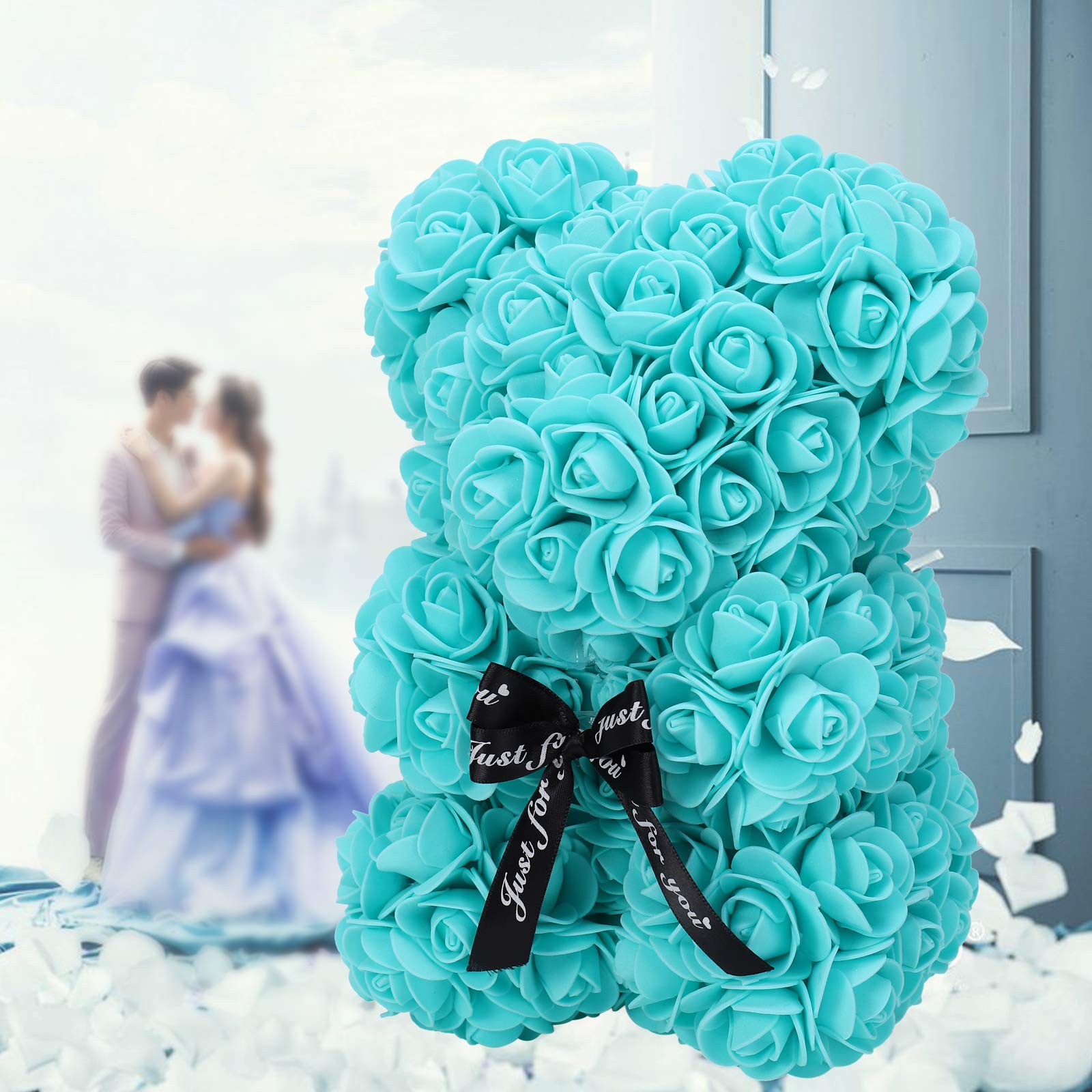 LINKLO 10-inch Rose Teddy Bear - Artificial Rose Flower Bear Gift for Wedding, Mother's Day, Anniversary - Includes Transparent Gift Box (T Blue) - Perfect for Romantic Surprises, Birthday Presents & Home Decor