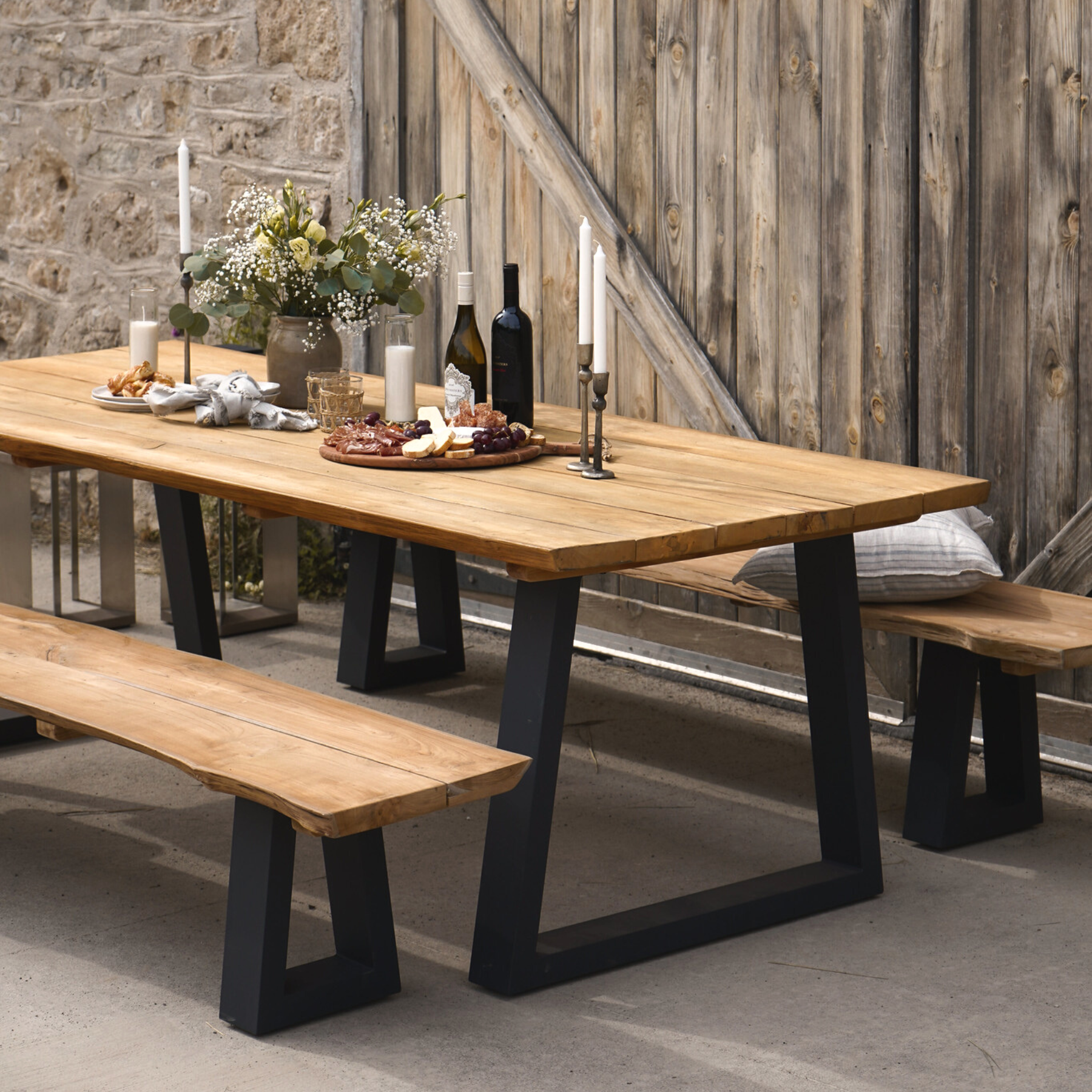 Live Edge 3-Piece Dining Table Set - Natural Wood Table with Benches - Rustic Farmhouse Style for Kitchen, Dining Room & Outdoor Patio