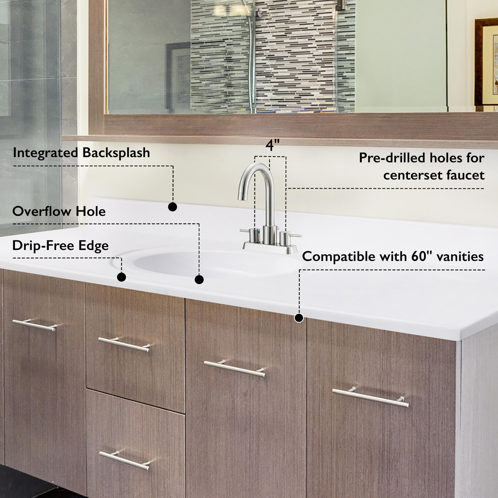61 Inch White Cultured Marble Bathroom Vanity Top with Backsplash - Durable Modern Design for Home Renovation - Perfect for Master Bath & Powder Room Upgrades (Design House 597427)