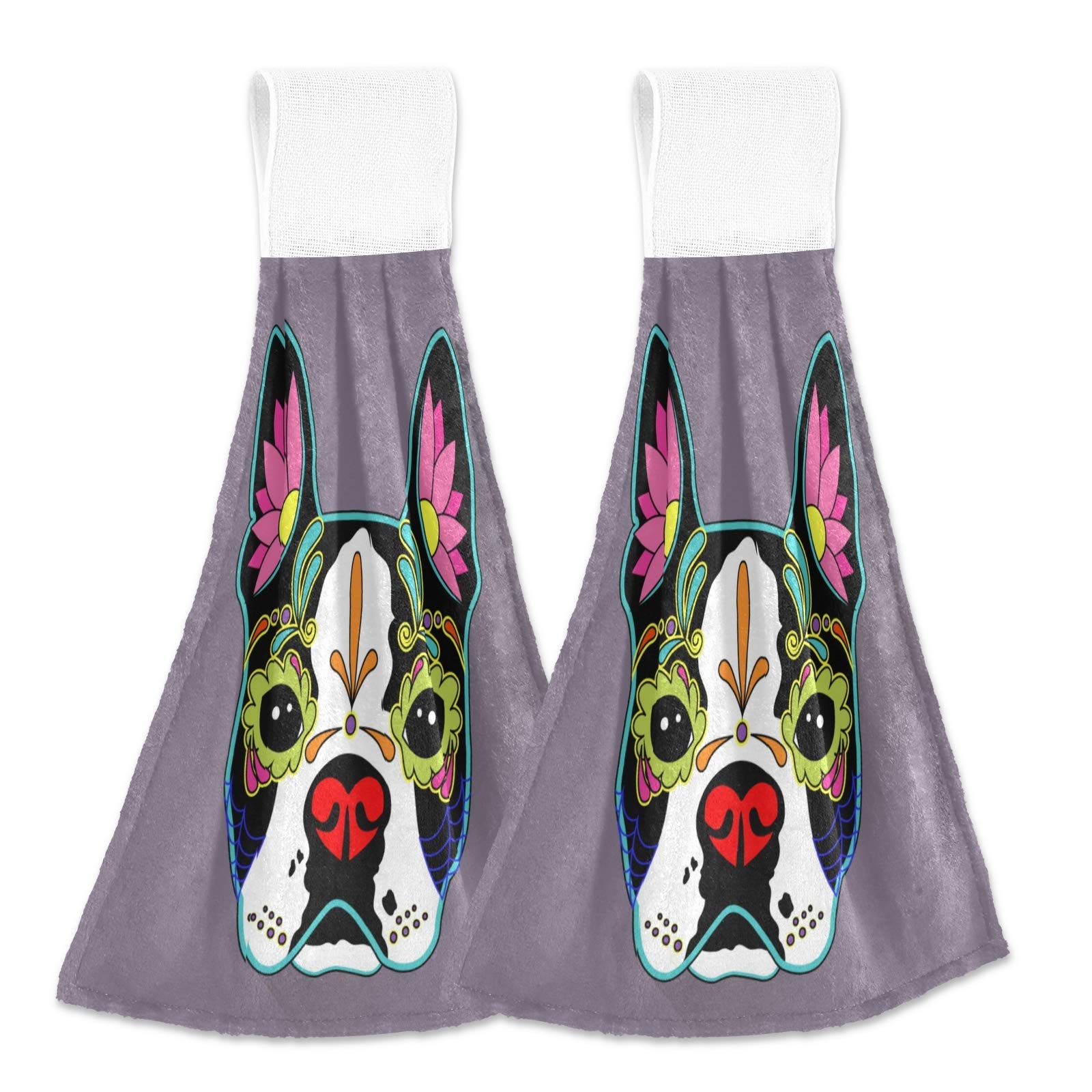 Oarencol Day of The Dead Animal Print Dog Kitchen Towels - Absorbent Cotton Hanging Hand Towels with Loops (2 Pack) - Perfect for Kitchen, Bathroom & Pet Care